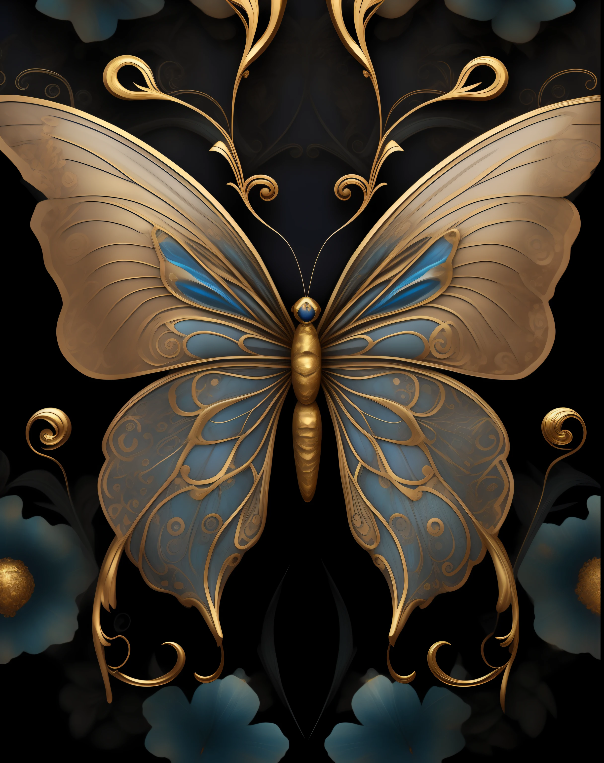 a close up of a butterfly with gold and blue wings, steampunk butterfly, harmony of butterfly, exquisite and handsome wings, butterfly, mechanical butterfly, exquisitely ornate, elegant and ornate, photo of a mechanical butterfly, ultra intricate, beautiful symmetric, intricately detailed background, beautifully symmetrical, symmetrical wings, ornate art, symetrical wings, detailed digital art