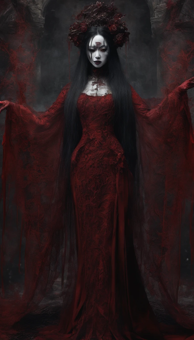 Chinese ghost bride,Blood-red clothes,darkly,An atmosphere of terror,super detailing,Masterpiece, Best quality,Superb quality,, high resolution
