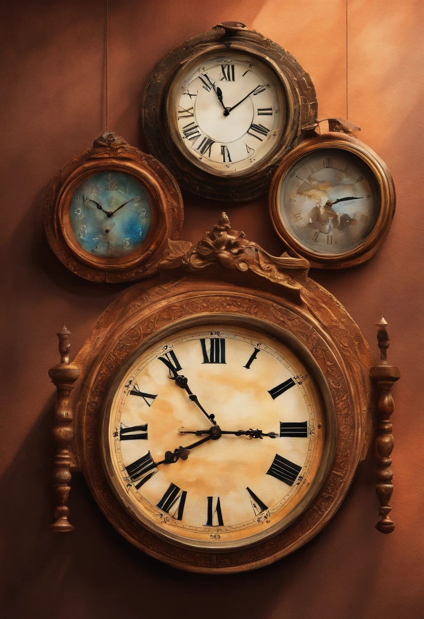 There are 10 clocks hanging on the wall, Round clock、Triangular clock、Long Vertical Clock、Watercolor touch,