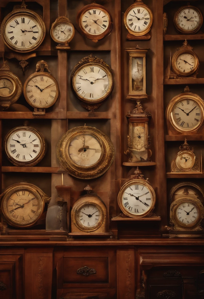 There are 10 clocks hanging on the wall, Round clock、Triangular clock、Long Vertical Clock、Watercolor touch,