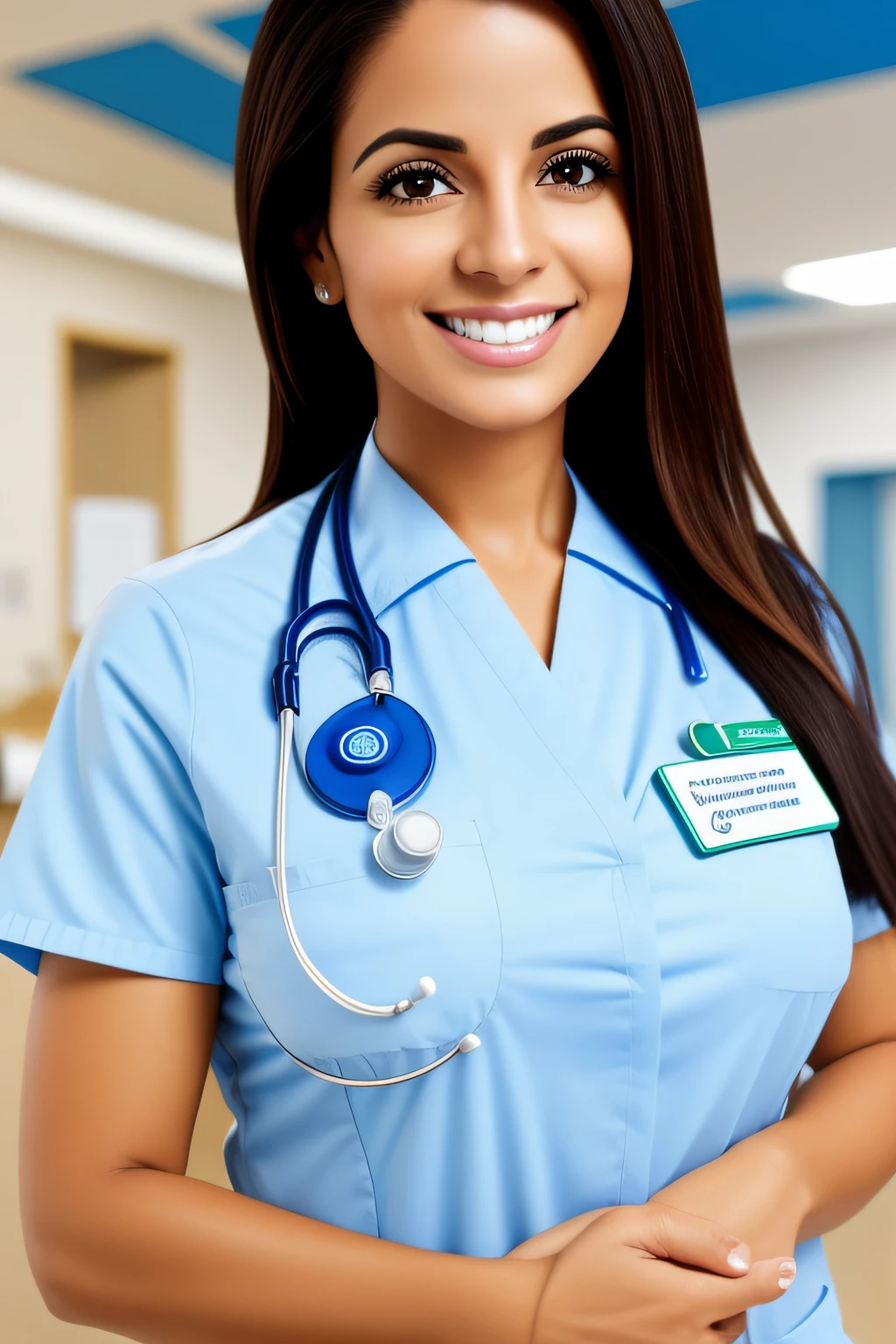 Nurse in modern blue clinical uniform from front