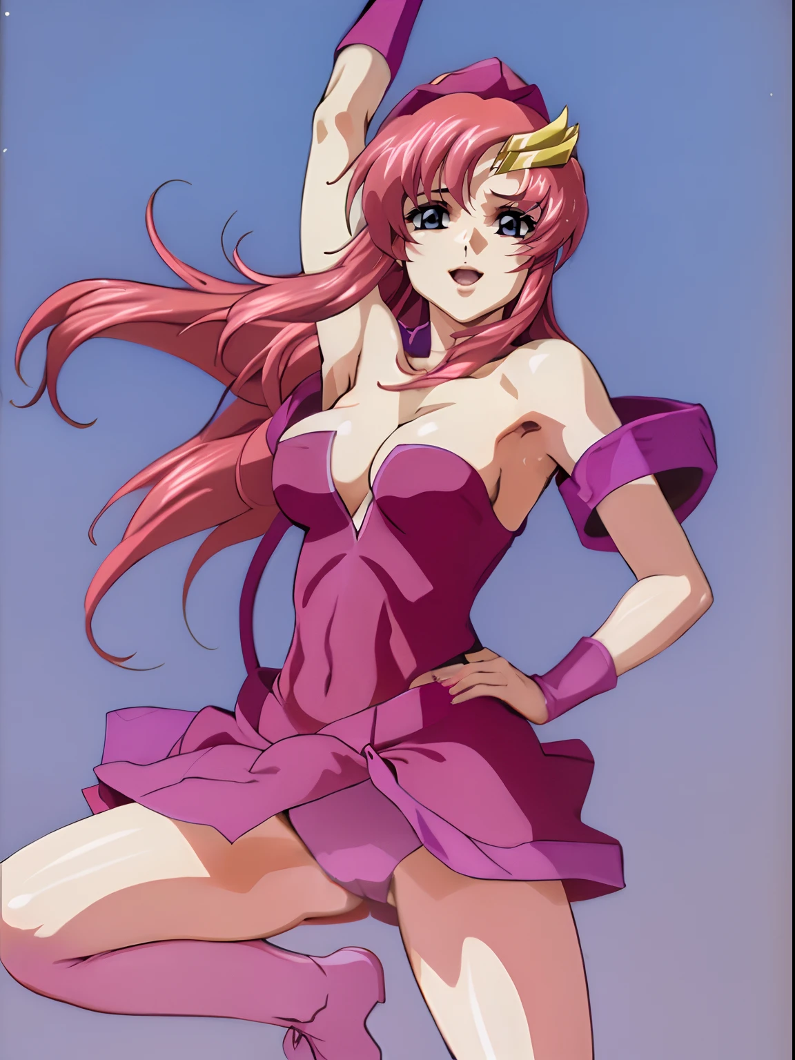 (masterpiece, 4K, Best Quality, Anime style: 1.9, bold drawing lines, High color saturation, Detailed face, tall, Adult Woman, lovely, (cloud background), Drawing lines, high resolution, Anime, lacus4), 1girl in, Solo, curvy figure, Long hair, 鎖骨, scapular, Wavy Hair, Detailed wide hair bangs, Hair Ornament, Detailed reddish-pink hair, cleavage, large hands, (Big blue eyes, shiny eyes), Smile, closed mouth, Very happy, ((closed fists)), (laughing, open mouth), ((medium breasts)), (((shiny pink strapless wrestling leotard only))), (pink wrestling long boots), strong arms, biceps, rib lines, ((lean forward)), standing, (hands on hips), happy, bare shoulders, (exposed navel, shiny skin, exposed belly button area, bare hips, both hands up high, armpits, (stretching), (no skirt))
