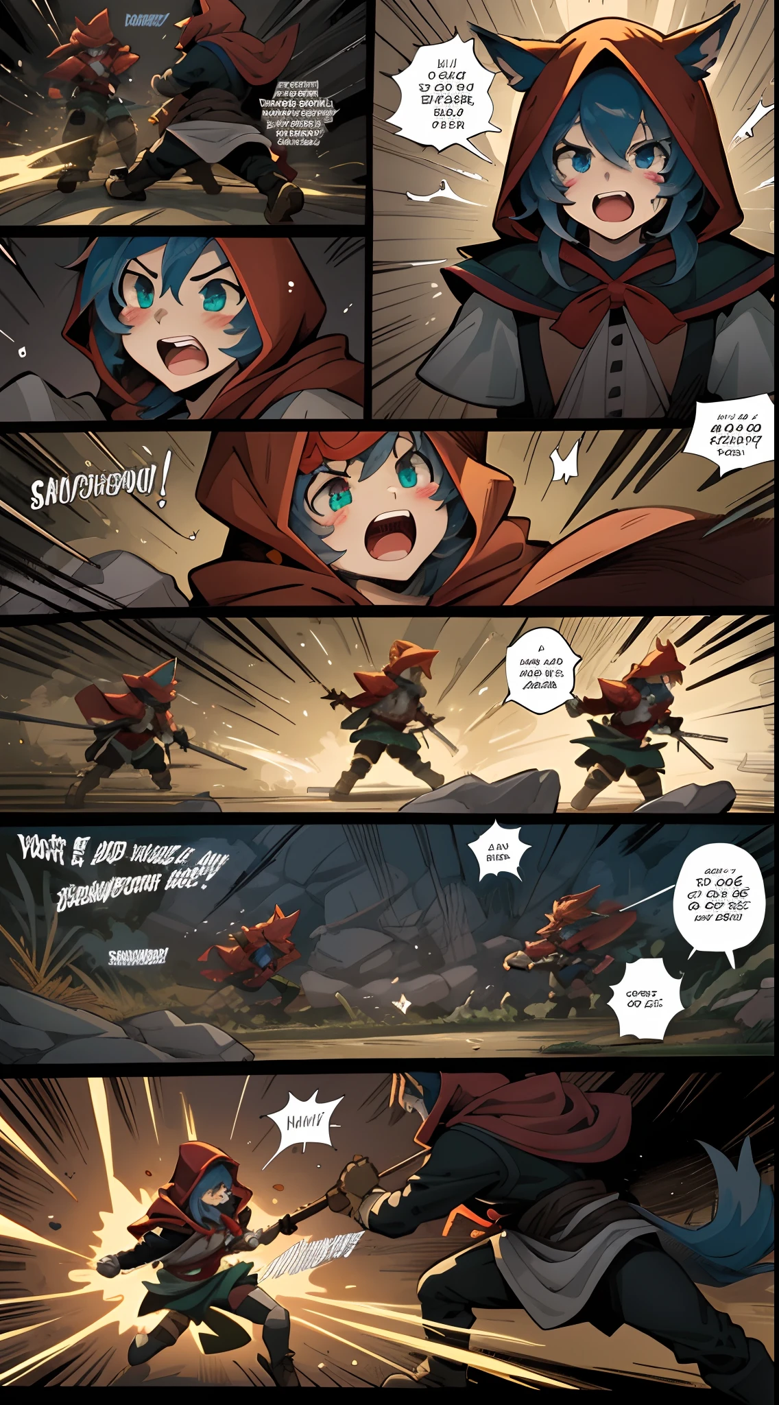 highres, top quality, best quality, paid reward available, High-quality illustrations, unparalleled masterpiece, perfect artwork, absurdres, super high resolution, detailed background, forest(battle of super cure child 1girl and 1werewolf)girl, Little Red Riding Hood, fighting(highly detailed beautiful face and eyes)perfect anatomy, assorted poses, assorted facial expression, good lighting, cinematic shadow, embarrassed, open mouth, jouful, happy(emotions, manga to represent actions, motion blur, motion line)(((battle comic, Bold cartoon-like panel layouts, speech balloon, english text, Hand-drawn sound effects stickers used in battle comic))),