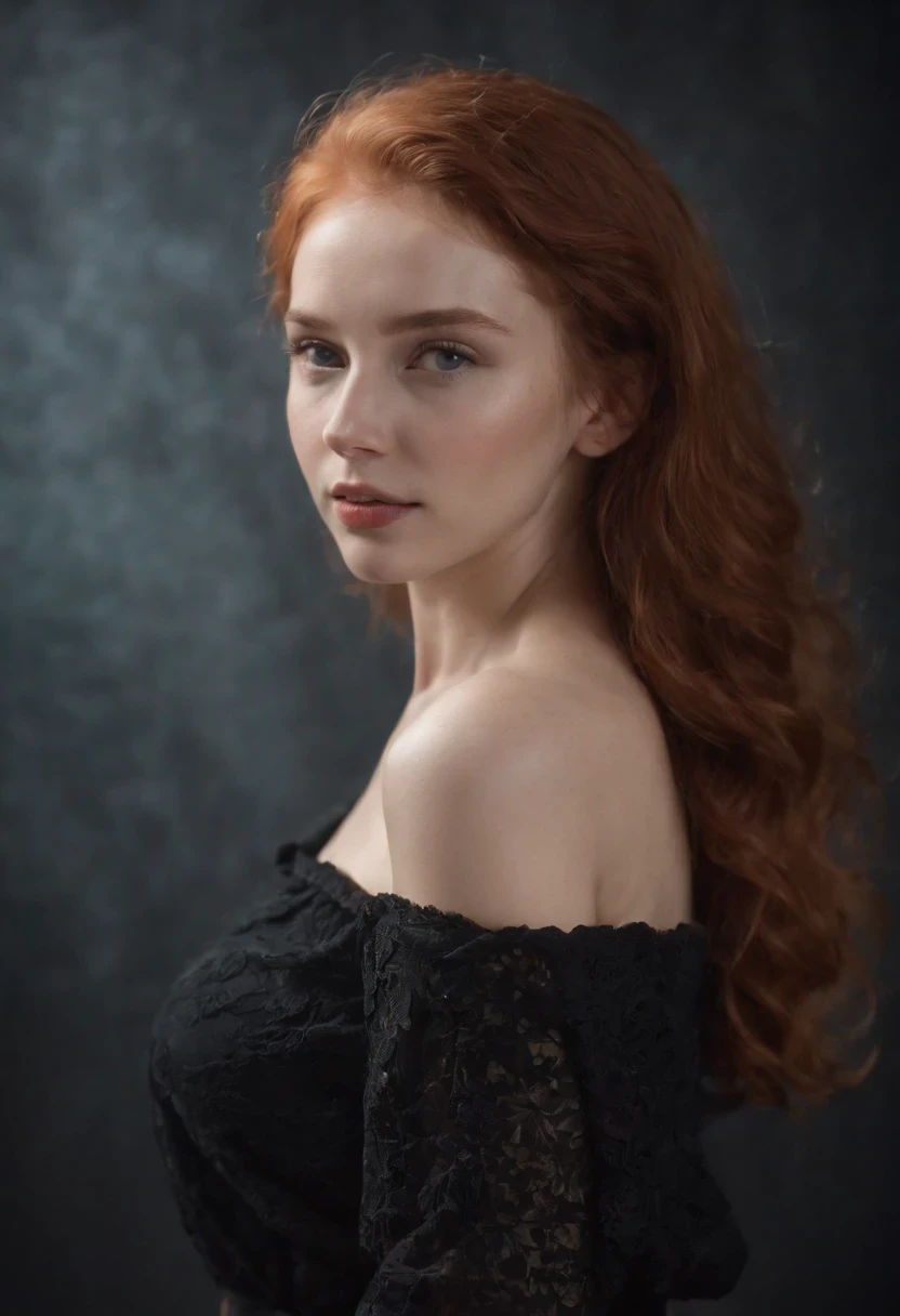young girl with a beautiful body, redhead, academy, full length, dark background, super realistic, cinema light, high detail.