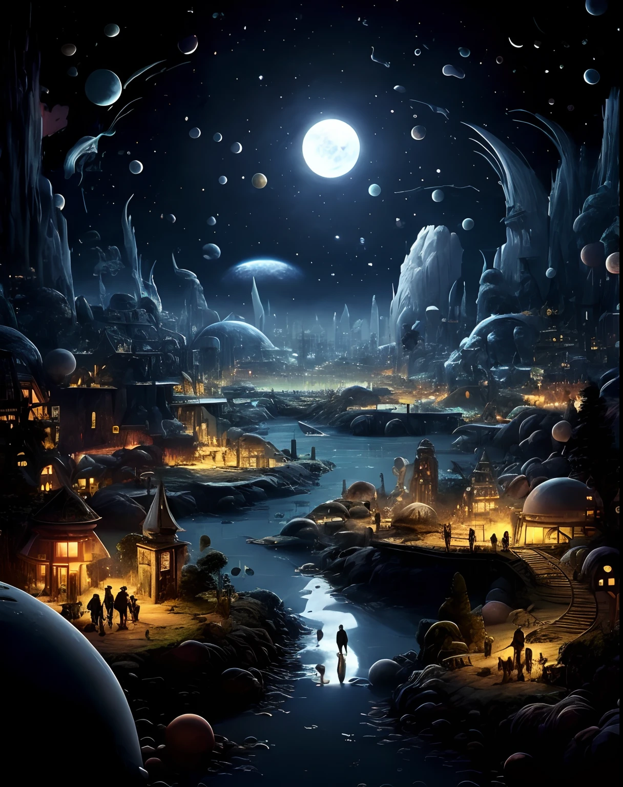 arafed view of a town with a river and a full moon, sci-fi fantasy wallpaper, populated with aliens and people, in fantasy sci - fi city, sci-fi fantasy desktop wallpaper, an alien city, surreal alien kingdom, amazing wallpaper, epic fantasy sci fi illustration, alien dream worlds, futuristic utopian fantasy, 4k highly detailed digital art