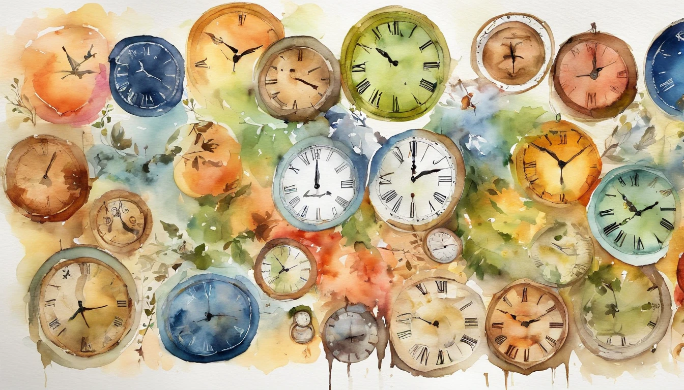 There are 10 clocks hanging on the wall, Round clock、Triangular clock、Vertically long clock、Watercolor touch,