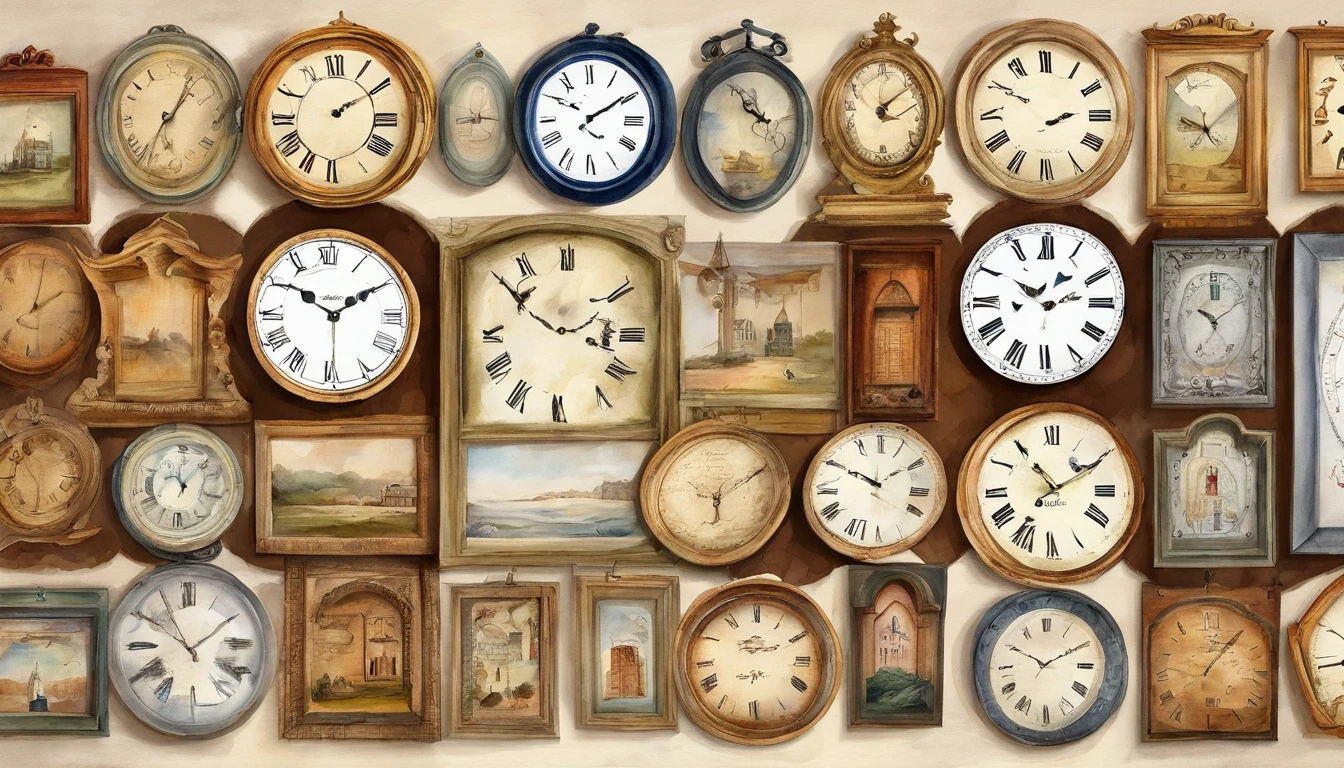 There are 10 clocks hanging on the wall, Round clock、Triangular clock、Vertically long clock、Watercolor touch,
