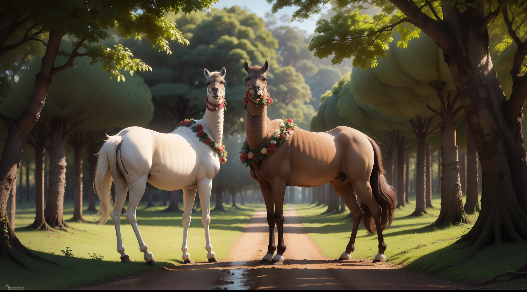 Dois camelos, na floresta, realista