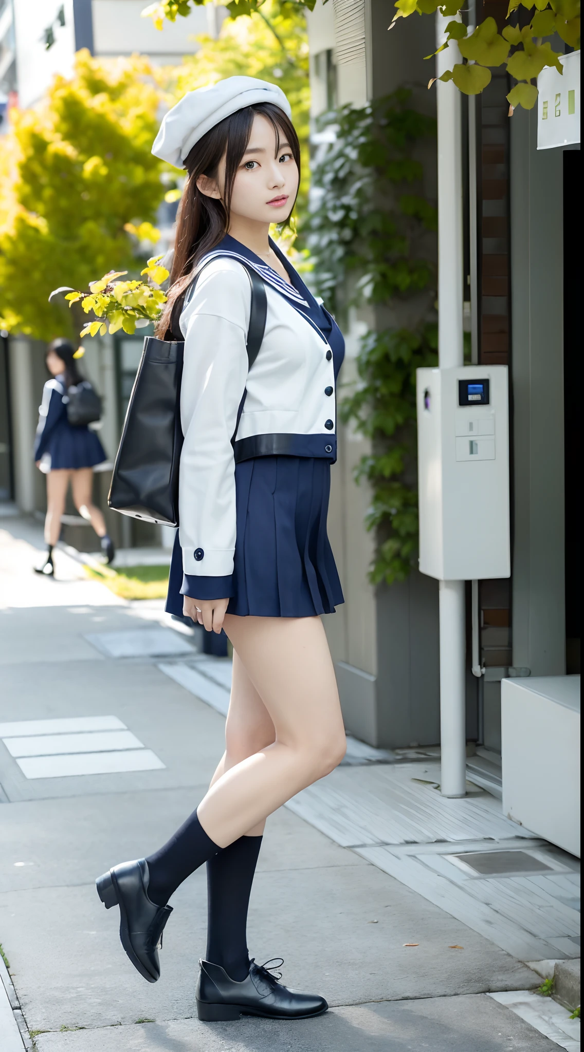 mix4, (16 K, Raw photography, Top image quality, masterpiece: 1.45), (realisitic, Photorealsitic: 1.37), one girls, 7.5, etc,cute little, A city scape,, profetional lighting, photon maping, Downtown Shibuya, physically-based renderingt, Gradient black hair,, a handsome, Well-groomed and beautiful eyes、二重まぶた、girl with, (((student clothes、Sailor suit worn by Japan schoolgirl、White cardigan、The collar has two lines、scarf、Dark blue mini skirt、Smaller, Navy Blue Beret、Dark blue high socks、Black loafers))), Top Quality Photos, hight resolution, 1080p, (clearface), (Detailed face description), (Detailed hand description), (masterpiece), (Exquisite CG)、extreme light and shadows、dishevled hair、master work、abundant detail、(Fine facial features)、(top quality photo)、(masuter piece)、(A detailed eye)、Look in front of you、Fine clavicle、((Slender big))、(((a sailor suit)))、((Sexy Idol System))、((Gingko tree-lined shopping street))、(Shooting from random perspectives)、(((Anyway cute)))、耳Nipple Ring、A big smile、Drawing the whole body from the knees、Do not draw nasolabial folds、(((Carry a leather student bag)))、Big breasts that hang down big、Big buttocks with tension、Two legs、(((from the front side:1.1)))、bare hand、