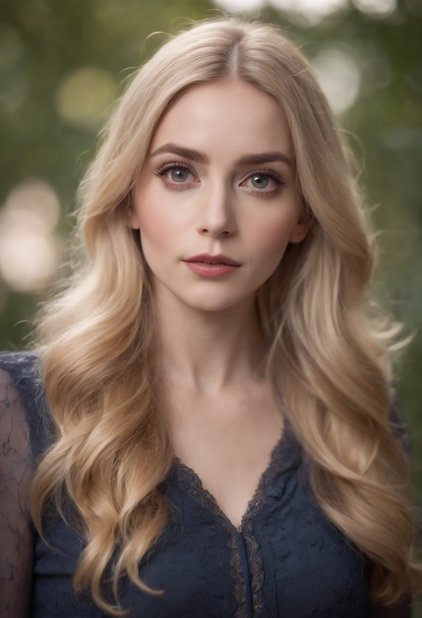 Lady, big eyes, dard blonde hair, long hair, serious
