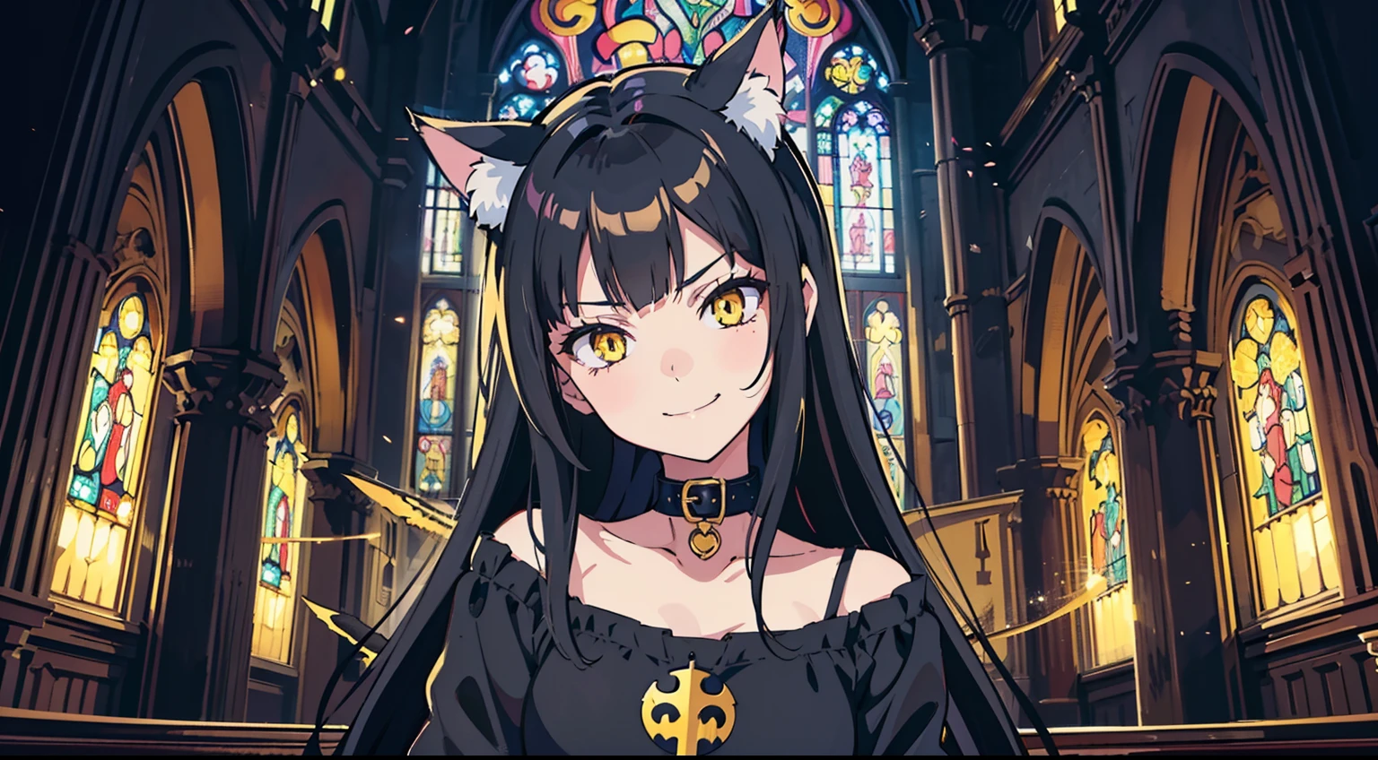 wallpapers, 4K, anime style, masterpiece, (1girl, cat ears, long black hair, yellow eyes, catgirl a little immature, playful smile, smirk, looking at viewer, turned to viewer), (collar, black holy clothe, clothes), (church) (hell), gothic church interior behind,  hell ambience