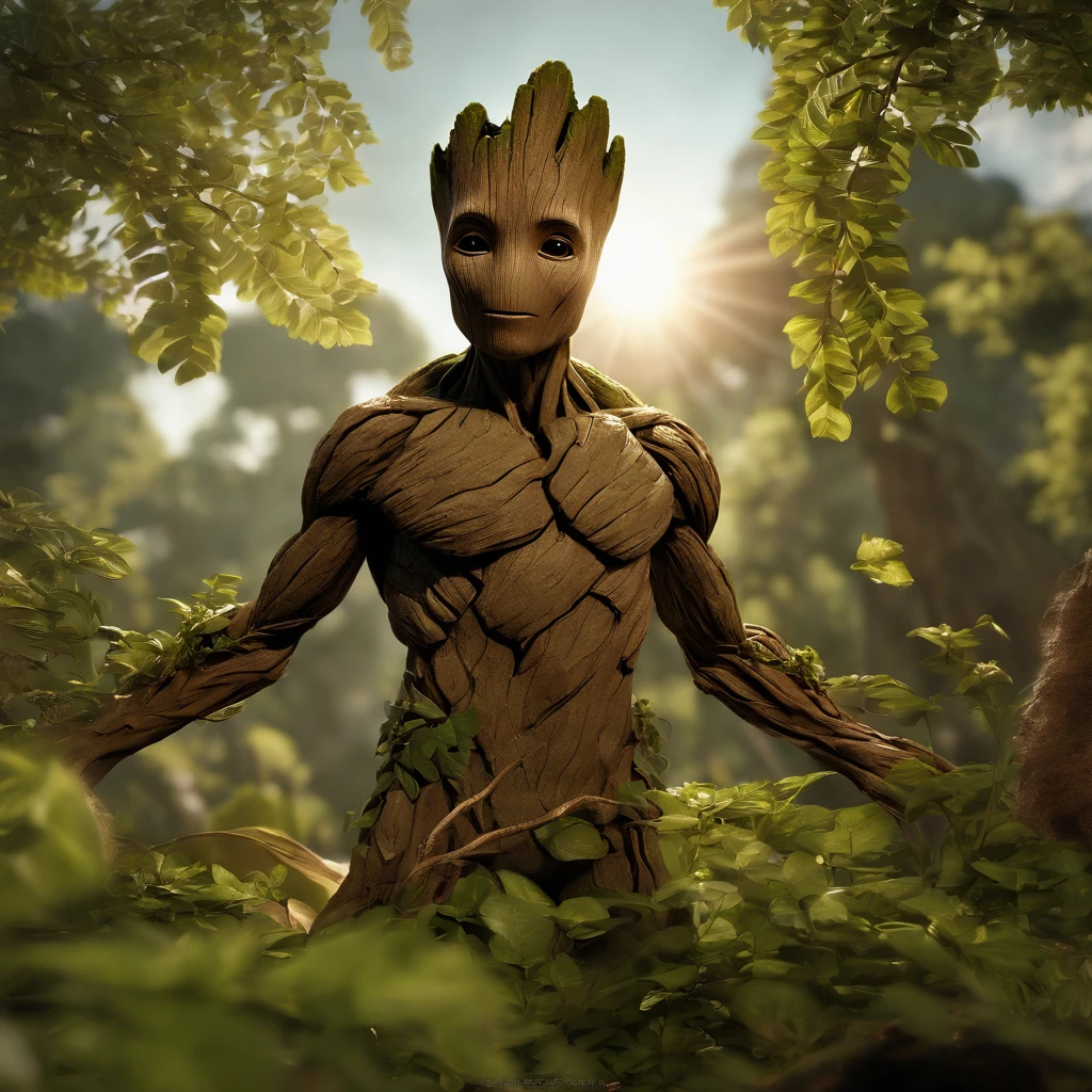 groot,groot tree,unique appearance,muscular build,strong and solid appearance,bark-like skin,woody texture,detailed branches and leaves,green color,brown color,large eyes,expressive eyes,wisdom in eyes,
(best quality,4k,8k,highres,masterpiece:1.2),ultra-detailed,(realistic,photorealistic,photo-realistic:1.37),high-definition,
HDR,UHD,studio lighting,ultra-fine painting,sharp focus,physically-based rendering,extreme detail description,professional,vivid colors,bokeh,
character,marvel comics,superhero,guardians of the galaxy,team member,seedling,powerful,
casting roots,standing tall,nature-inspired,peaceful environment,magic in nature,
background,cosmic space,stars,galaxies,nebulae,interstellar,
surroundings,flora and fauna,flowers,plants,animals,butterflies,birds,insects,
textures,captivating,grainy,rough,earthly,
atmosphere,breathtaking,awe-inspiring,majestic,humble,divine,
artistic style,pop art,comic book style,illustration,graphical,contrast,
lighting,dramatic lighting,soft lighting,backlighting,shadows,highlights,
emotions,serene,calm,peaceful,wise,kind,
perspective,dynamic perspective,closeup,wide-angle,full-body,
pose,proud pose,heroic pose,
actions,reaching out,protecting,powering up,
interaction,communicating with nature,connecting with other characters,teamwork,
costume,unique outfit,guardians of the galaxy uniform,detailed accessories,
props,tiny version of groot,sapling,
concept,creation,plant-inspired-being
