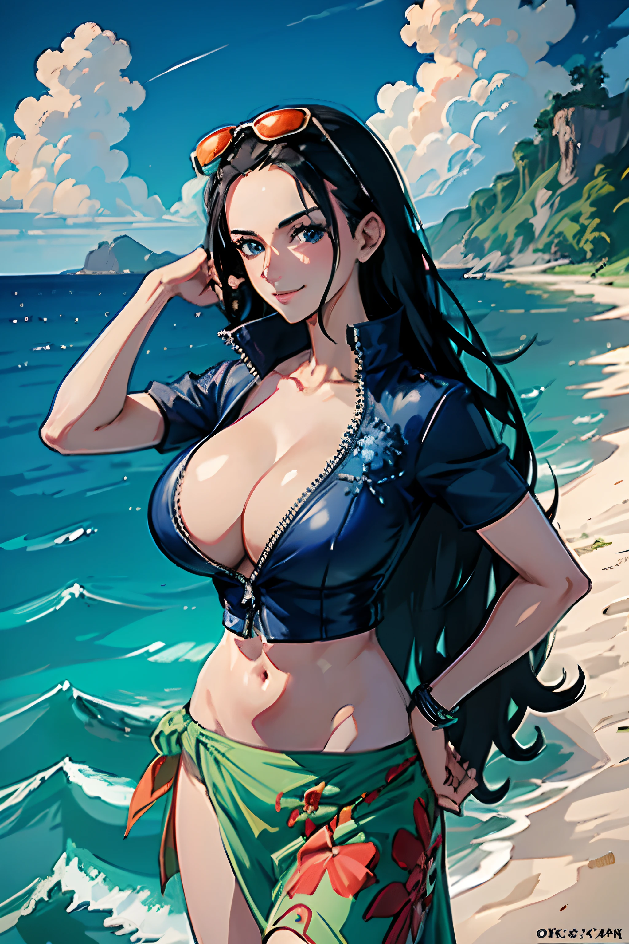 (((masterpiece))), NicoRobin, 1girl, solo, long hair, looking at viewer, smile, blue eyes, ((large breasts)), ((huge breasts)), black hair, navel, holding, cleavage, closed mouth, standing, collarbone, jacket, short sleeves, cowboy shot, outdoors, sky, day, midriff, cloud, water, stomach, blue sky, crop top, groin, hand on hip, ocean, sunglasses, eyewear on head, zipper, cropped jacket, high collar, unzipped, sarong, hair slicked back, partially unzipped, print sarong,