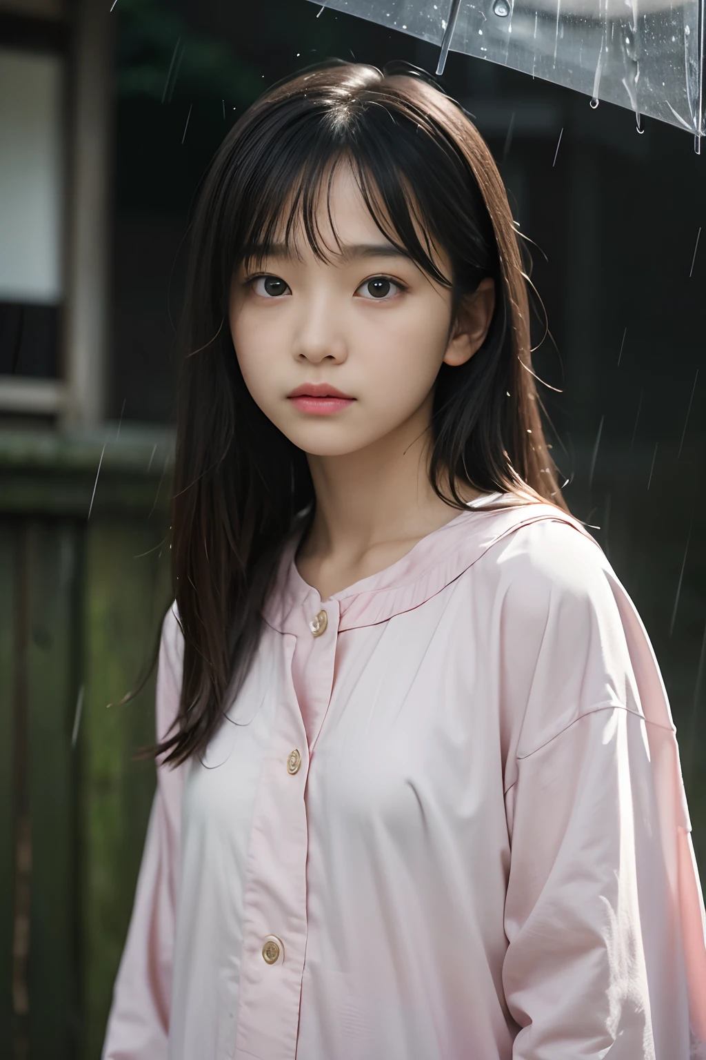 ( girl in Japan, bangss,long, Small round face:1.2), (flat chest:1), rainy day,Staring at the rain with a serious face,Soaking wet clothes,Detailed tops,Strands of hair, Cinematic lighting, Posing,depth of fields,
(8K, Raw photography, top-quality, masutepiece:1.2), ultra res, (Realistic, photos realistic:1.37).