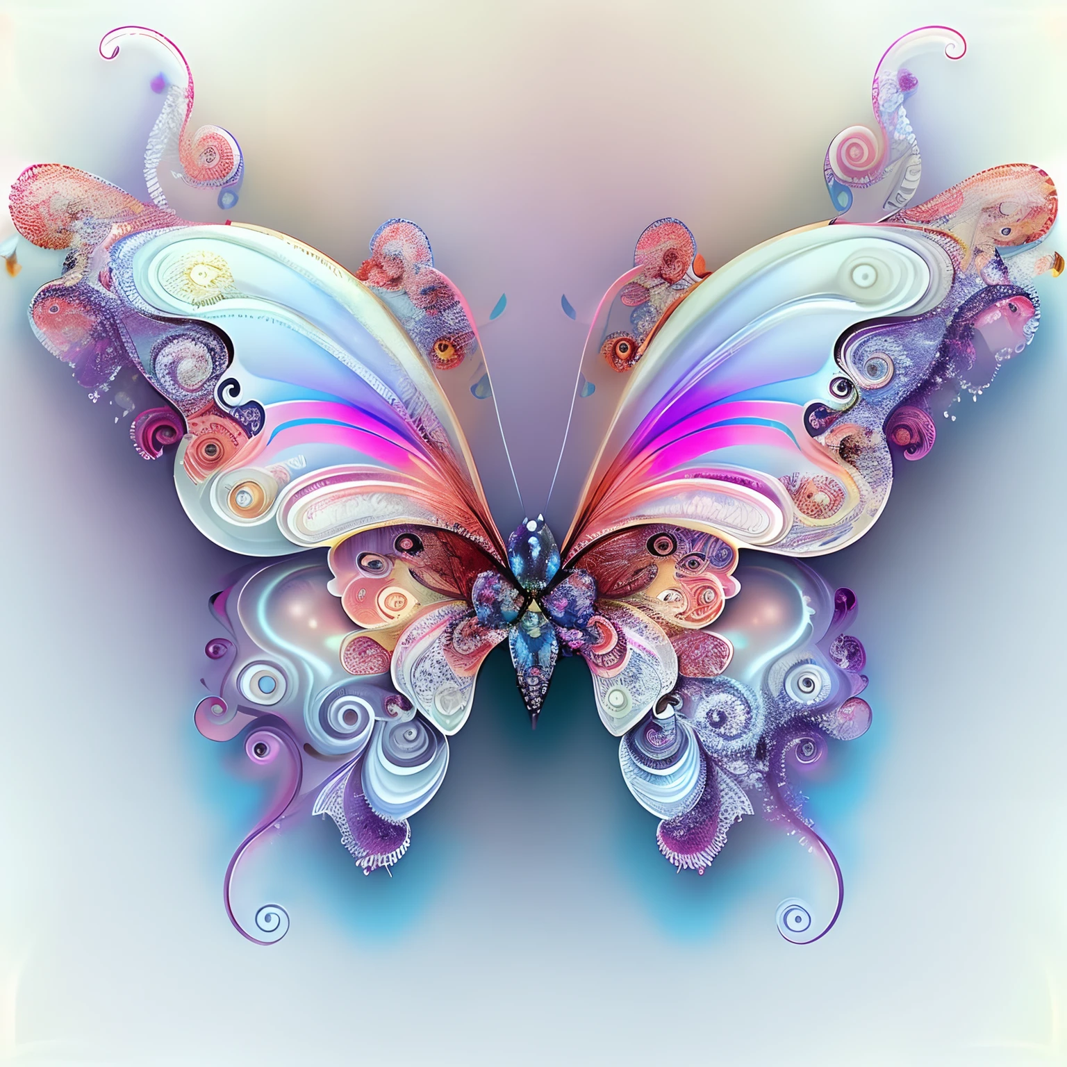 butterfly with swirly wings and a pink and blue background, harmony of butterfly, butterfly, beautiful digital art, beautiful gorgeous digital art, beautiful opened wings, with beautiful wings, very beautiful digital art, iridescent wings, gorgeous digital art, butterfly wings, exquisite and handsome wings, photo of a mechanical butterfly, highly intricate and colorful, beautiful digital artwork, translucent wings