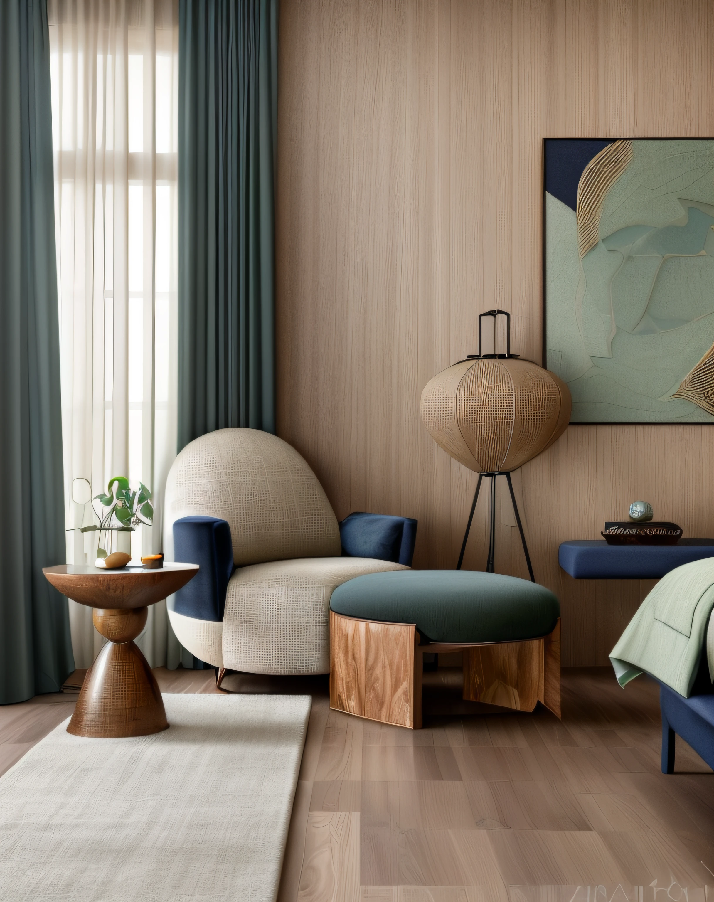 RAW photo, interior classic style, (high detailed skin:1.2), 8k uhd, dslr, (natural light:1.2), high qualityPlease generate a detailed and unique image of the living room in a Japandi-style apartment. The room should embody the essence of Japandi with warm and bright natural wood tones, emphasizing the wood's beautiful grain patterns. The floor should consist of opulent tiles or luxurious marble cladding with elegant cloud-like patterns. Incorporate both modern LED lighting and a contemporary chandelier to create a well-lit space. The sofa, ideally in a refined textile, should complement the interior furnishings. Choose modern, sleek curtains in a sophisticated shade of navy blue to create a contemporary contrast. Ensure that the room is flooded with authentic and crisp natural light, enhancing the colors and textures of the interior elements. To introduce a unique twist, incorporate a monochromatic wood paneling that spans the walls. Decorative elements in pastel blue, moss green, deep plum, and other standout colors should be strategically placed throughout the room. Please ensure that the room radiates an atmosphere of Japandi harmony, sophistication, and creativity, where the interplay of natural light, wood textures, and unique color accents creates a stunning representation of the Japandi apartment living room