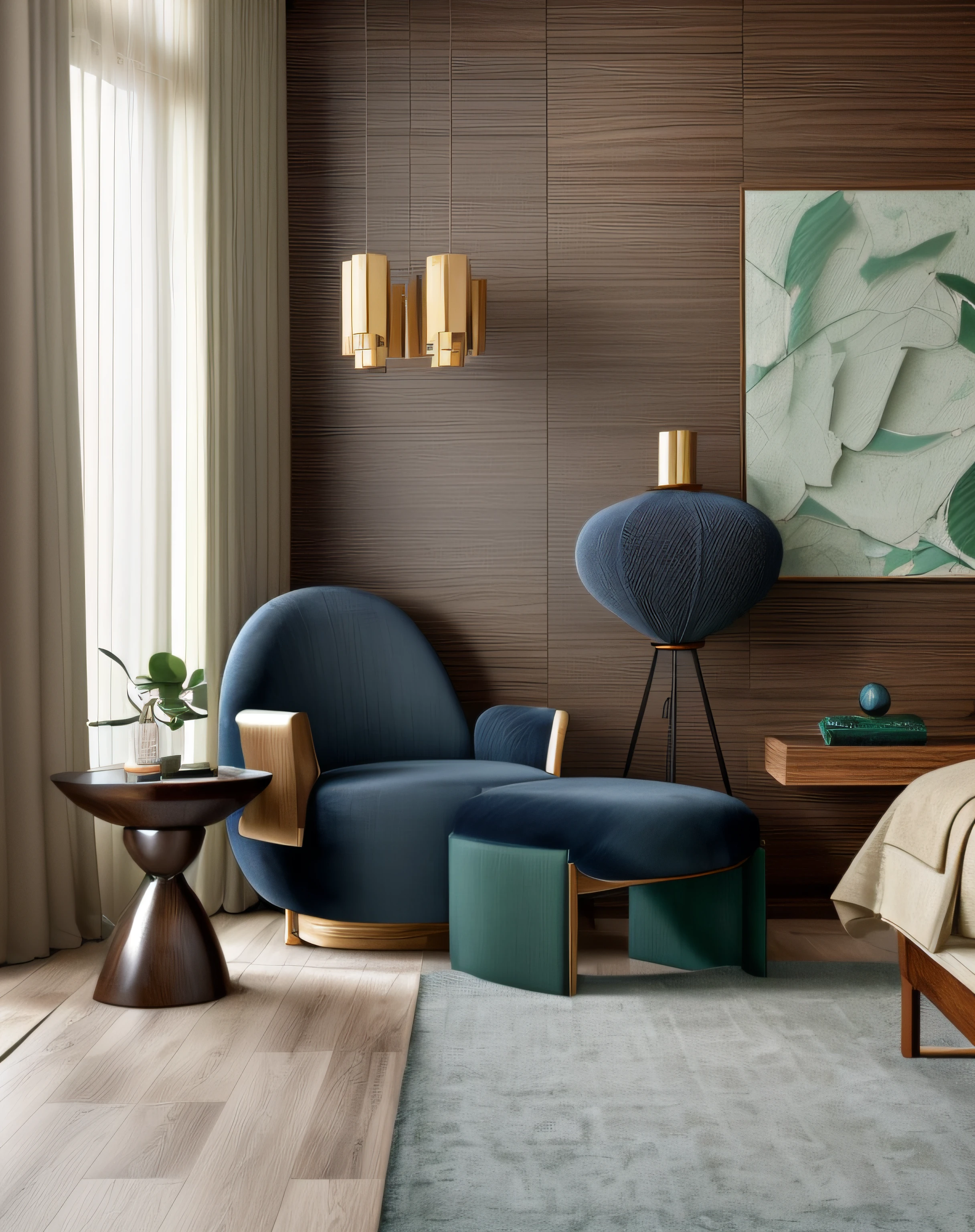 RAW photo, interior classic style, (high detailed skin:1.2), 8k uhd, dslr, (natural light:1.2), high qualityPlease generate a detailed and unique image of the living room in a Japandi-style apartment. The room should embody the essence of Japandi with warm and bright natural wood tones, emphasizing the wood's beautiful grain patterns. The floor should consist of opulent tiles or luxurious marble cladding with elegant cloud-like patterns. Incorporate both modern LED lighting and a contemporary chandelier to create a well-lit space. The sofa, ideally in a refined textile, should complement the interior furnishings. Choose modern, sleek curtains in a sophisticated shade of navy blue to create a contemporary contrast. Ensure that the room is flooded with authentic and crisp natural light, enhancing the colors and textures of the interior elements. To introduce a unique twist, incorporate a monochromatic wood paneling that spans the walls. Decorative elements in pastel blue, moss green, deep plum, and other standout colors should be strategically placed throughout the room. Please ensure that the room radiates an atmosphere of Japandi harmony, sophistication, and creativity, where the interplay of natural light, wood textures, and unique color accents creates a stunning representation of the Japandi apartment living room