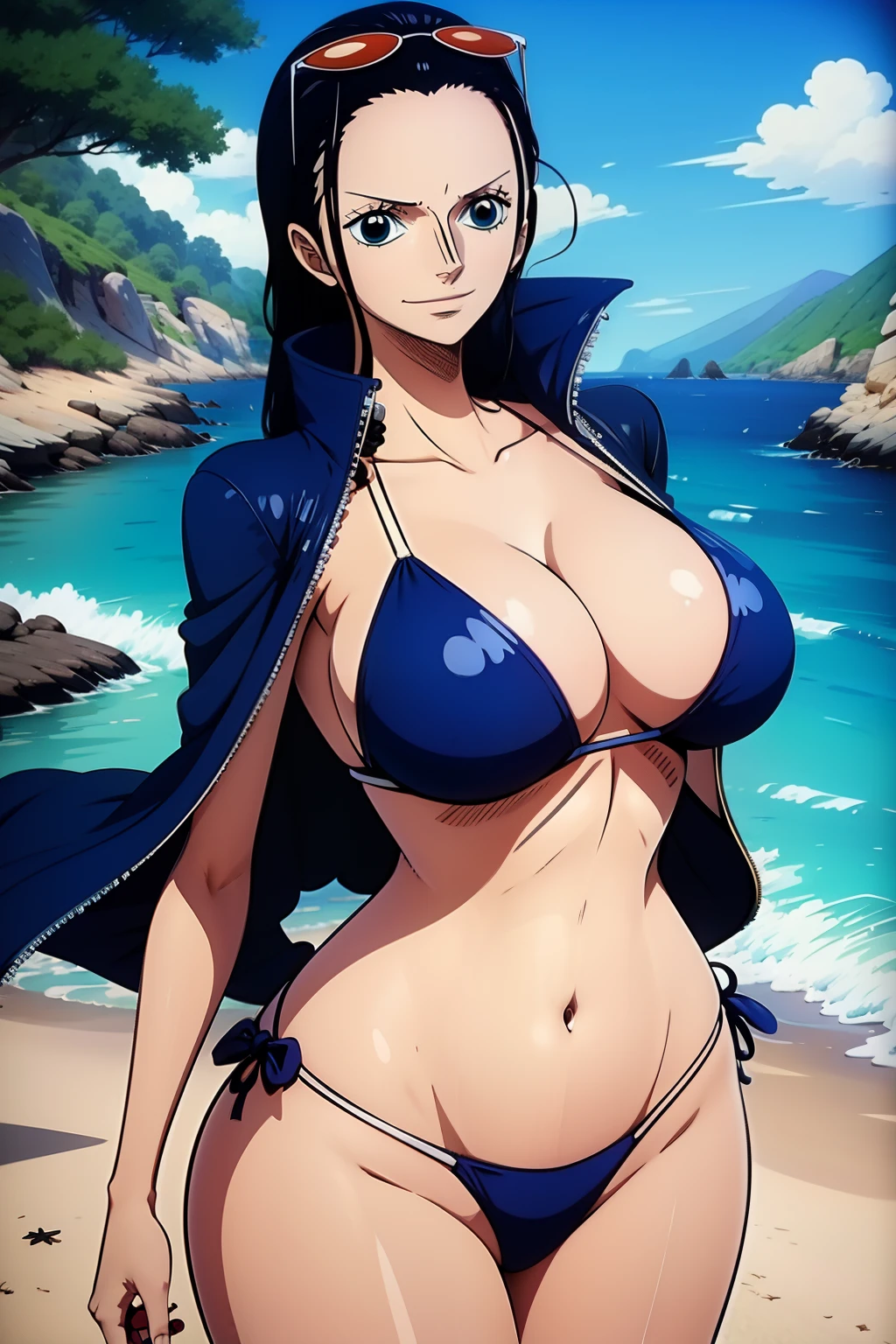 Robin de One Piece, sexy pose, blue bikini, 8k, Anime, plage, gros boob, gros cul, look sexy, blue eyes