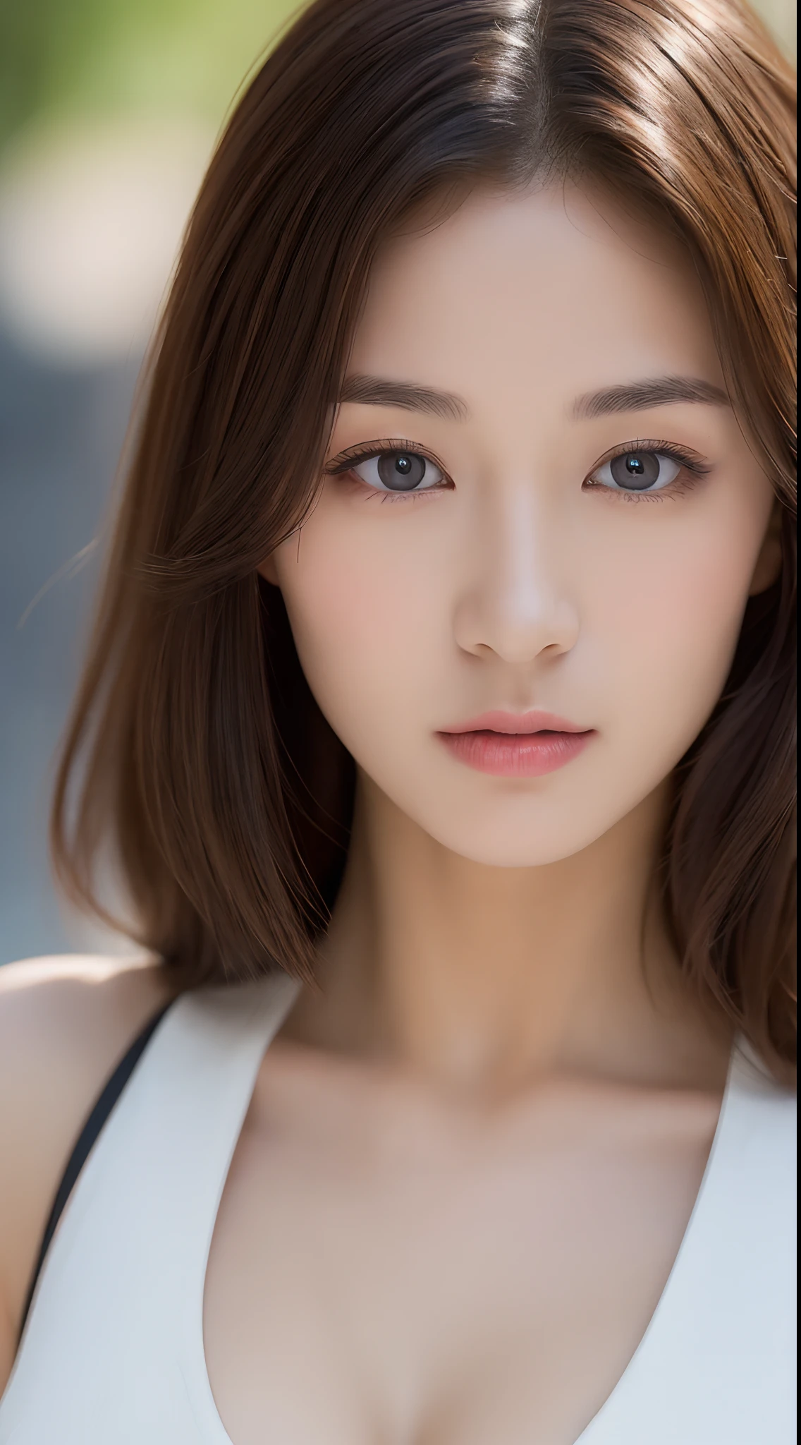 ((Best quality, 8k, Masterpiece :1.3)), Sharp focus :1.2, A pretty woman with perfect figure :1.4, Slender abs :1.2, ((Dark brown hair, Big breasts :1.2)), (Natural light, City street:1.1), Highly detailed face and skin texture, Detailed eyes, Double eyelid