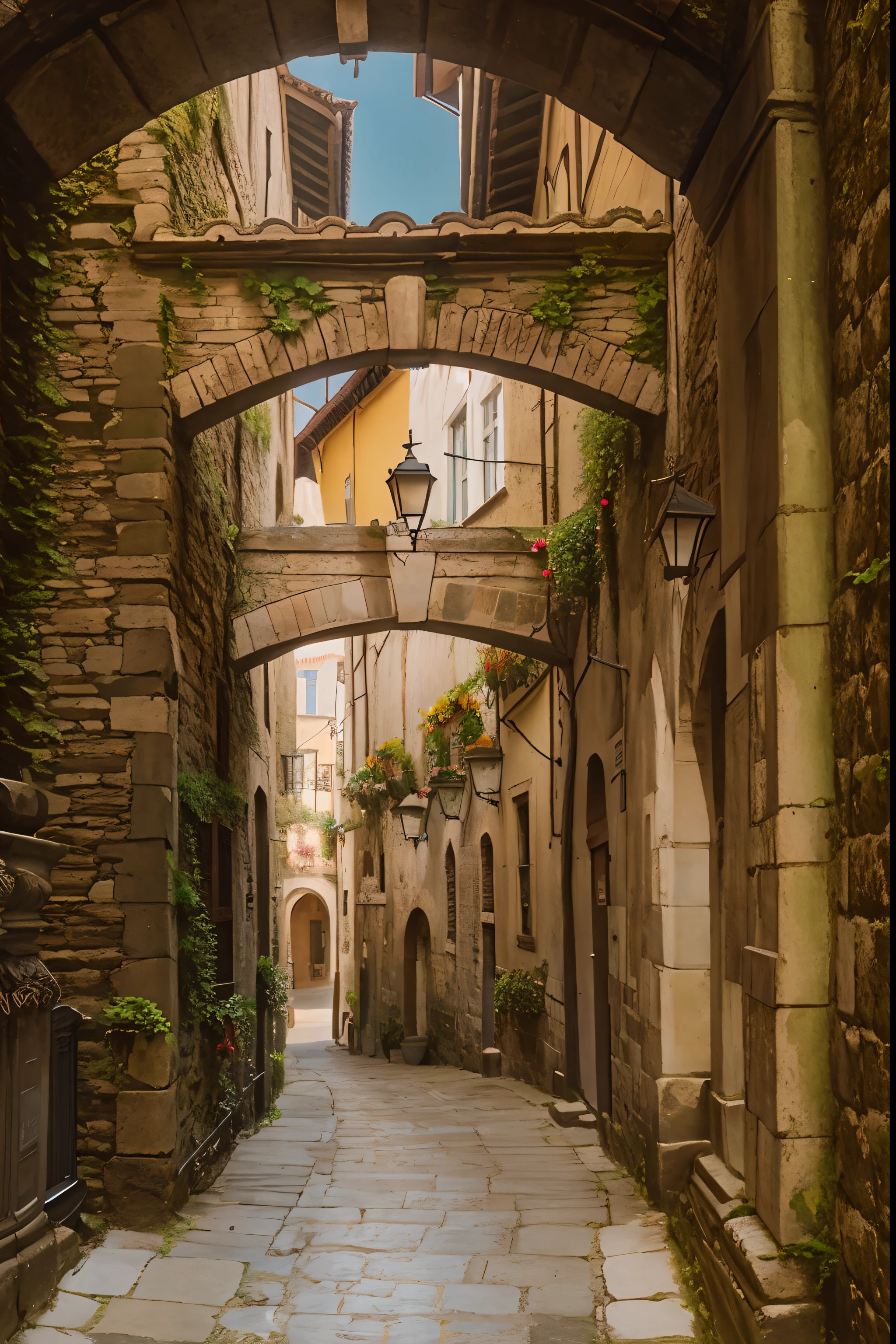an ancient road in the city center during afternoon, green ivy climbing on walls, buttresses,  photograpy hyperrealism,