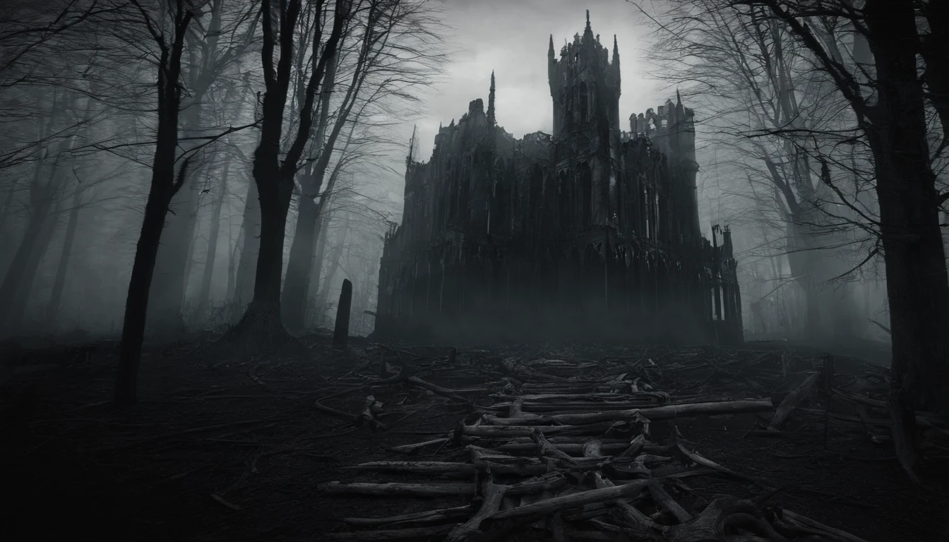 Rundown hamlet,shadowy,Skeleton on the ground,darkly,An atmosphere of terror,super detailing,Masterpiece, Best quality,Superb quality,, high resolution
