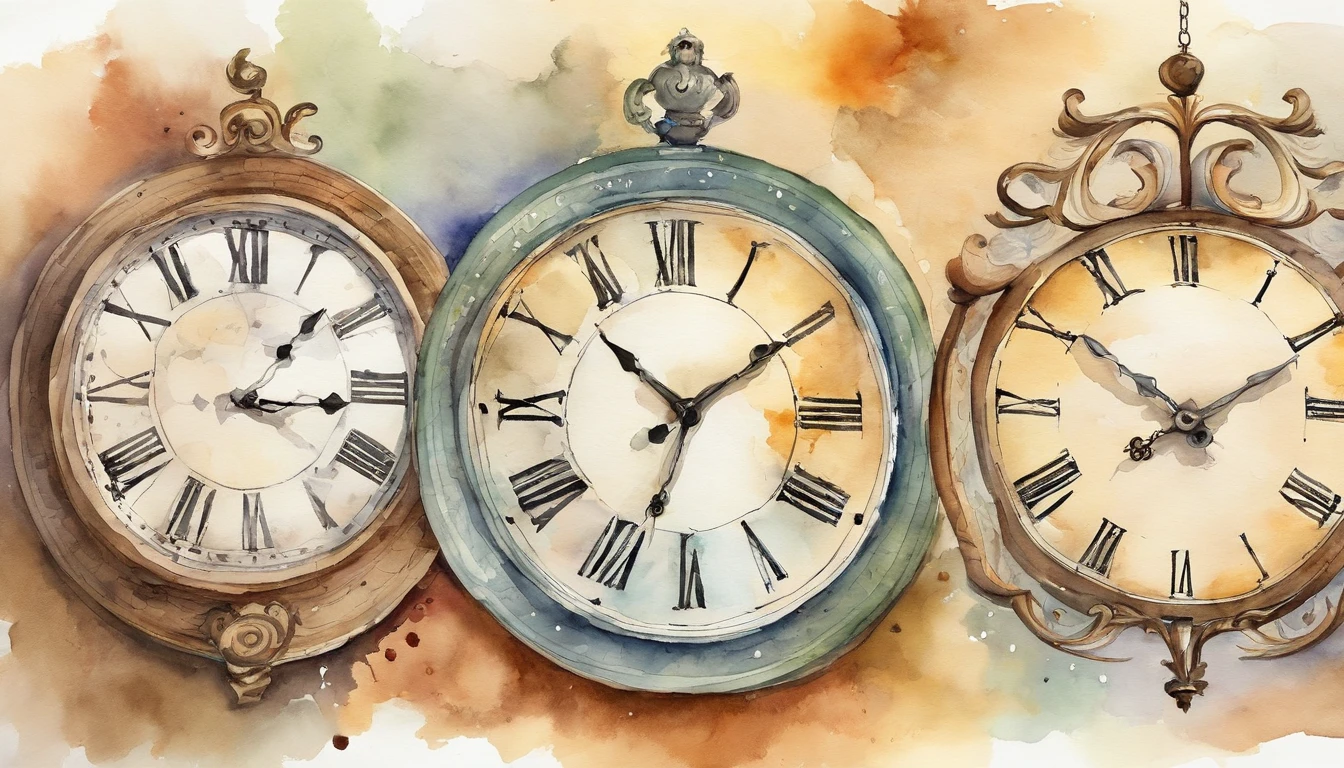 There are 10 clocks hanging on the wall, Round clock、Triangular clock、Vertically long clock、Watercolor touch,