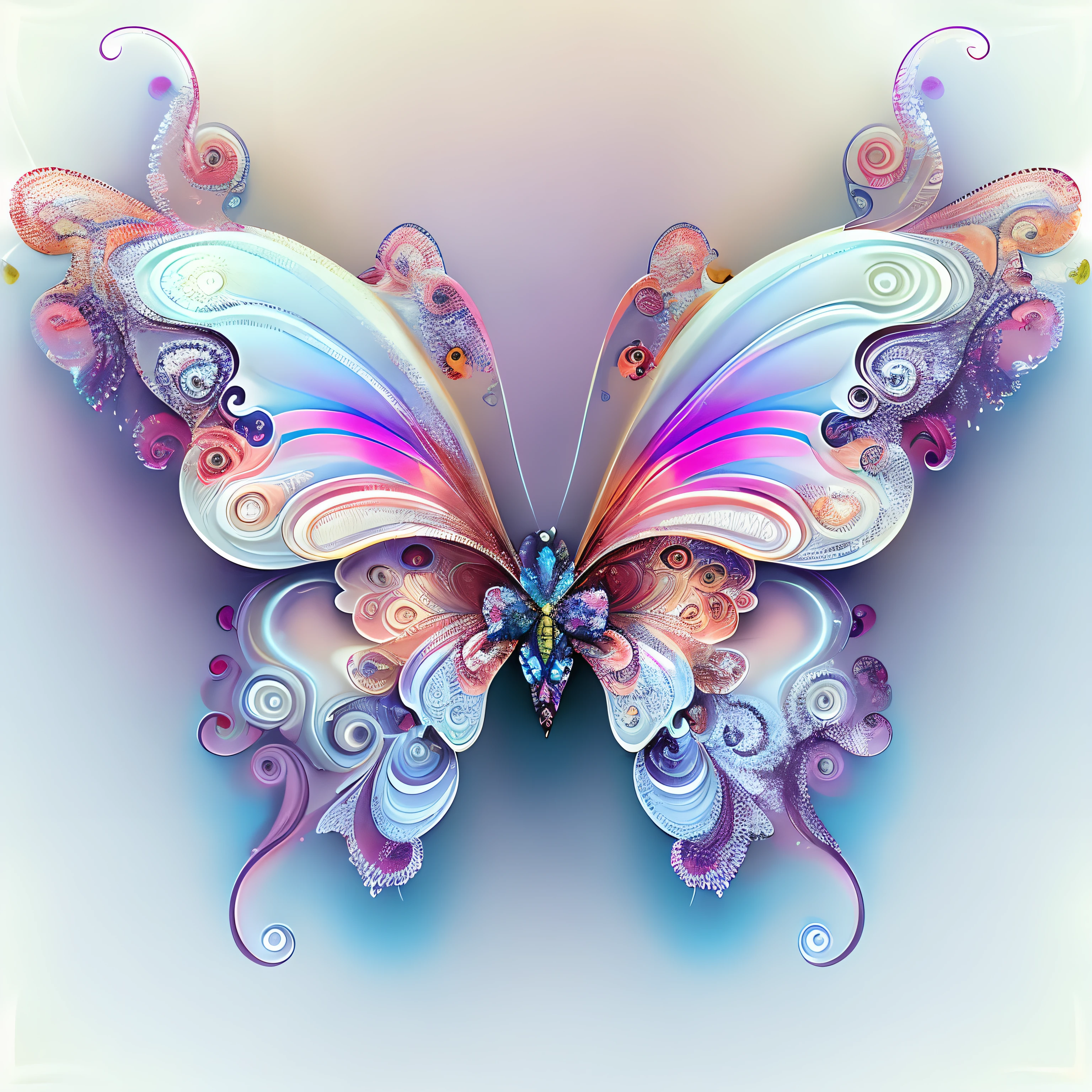 butterfly with swirly wings and a pink and blue background, harmony of butterfly, butterfly, beautiful digital art, beautiful gorgeous digital art, beautiful opened wings, with beautiful wings, very beautiful digital art, iridescent wings, gorgeous digital art, butterfly wings, exquisite and handsome wings, photo of a mechanical butterfly, highly intricate and colorful, beautiful digital artwork, translucent wings