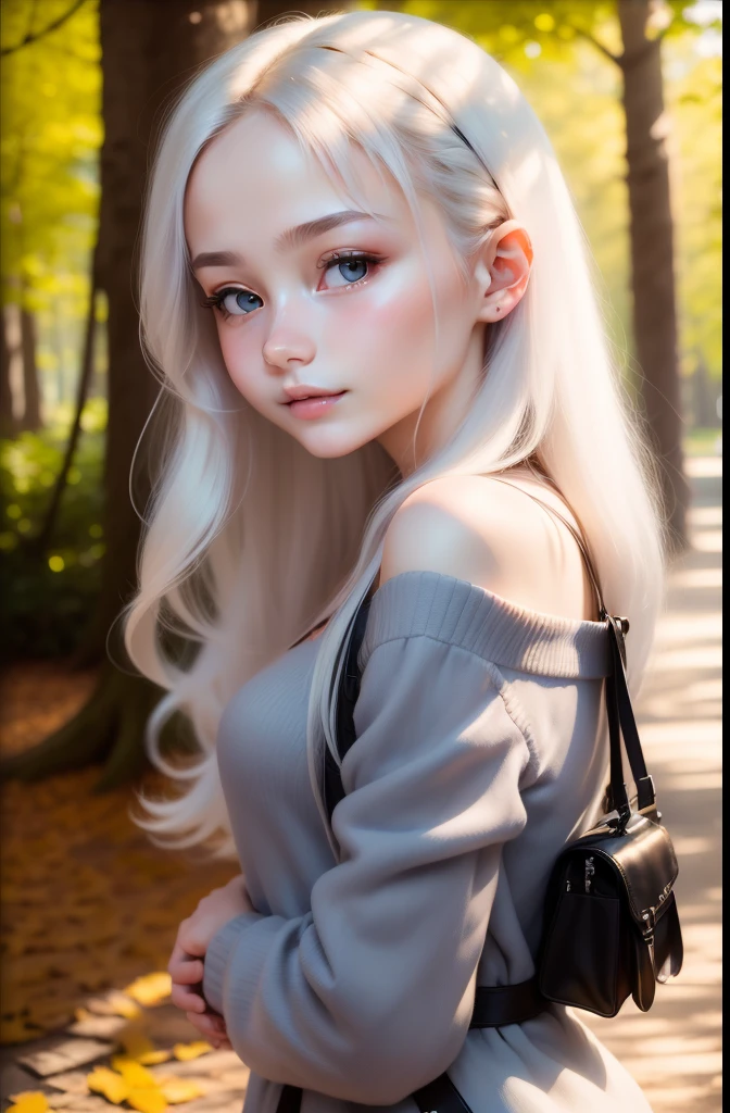 (((top-quality))),(((ultra-detailliert))),​masterpiece,(((realisitic))),(((Photo Real))),Russians、１Man Woman、Beautiful silver hair、Natural light、smooth lips、small nose、((no-makeup))、(((Cute beautiful perfect face at 18 years old)))、tiny chest、Cute poses 、(kindly smile)、((Detailed face)), ((Detailed upper body)), (finely detailed skin), pale skin,(cold color)、(Best Quality) 、Full Body Angle、plein air、Big trees、((blured background))