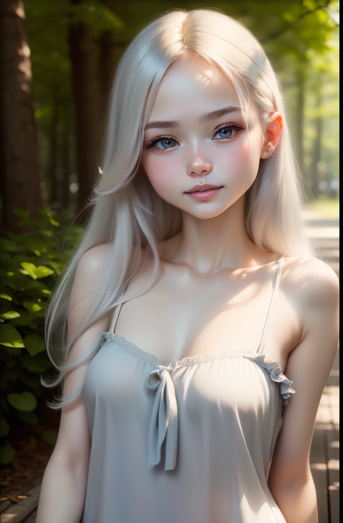 (((top-quality))),(((ultra-detailliert))),​masterpiece,(((realisitic))),(((Photo Real))),Russians、１Man Woman、Beautiful silver hair、Natural light、smooth lips、small nose、((no-makeup))、(((Cute beautiful perfect face at 18 years old)))、tiny chest、Cute poses 、(kindly smile)、((Detailed face)), ((Detailed upper body)), (finely detailed skin), pale skin,(cold color)、(Best Quality) 、Full Body Angle、plein air、Big trees、((blured background))