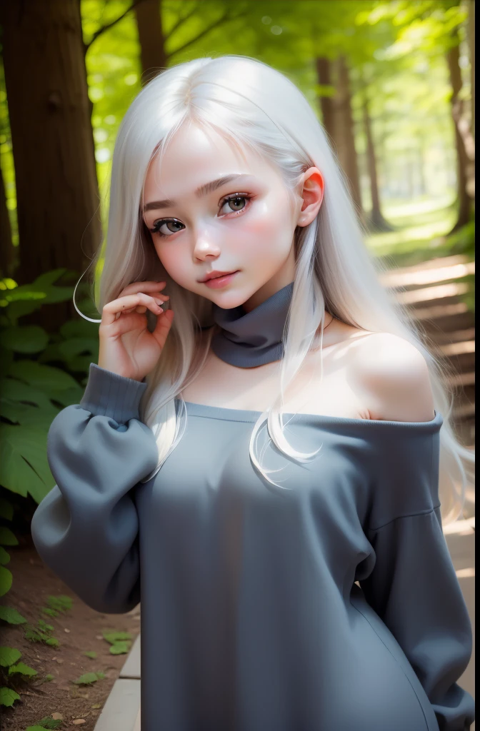 (((top-quality))),(((ultra-detailliert))),masterpiece,(((realisitic))),(((Photo Real))),Russians、1Man Woman、Beautiful silver hair、Natural light、smooth lips、small nose、((no-makeup))、(((Cute beautiful perfect face at 18 years old)))、tiny chest、Cute poses 、(kindly smile)、((Detailed face)), ((Detailed upper body)), (finely detailed skin), pale skin,(cold color)、(Best Quality) 、Full Body Angle、plein air、Big trees、((blured background))