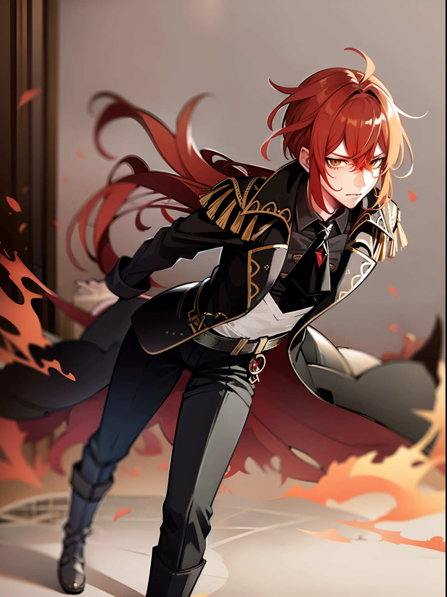 anime, male, 1 person, genshin impact style, Diluc from Genshin Impact, red hair, black coat, Disgruntled face, claymore