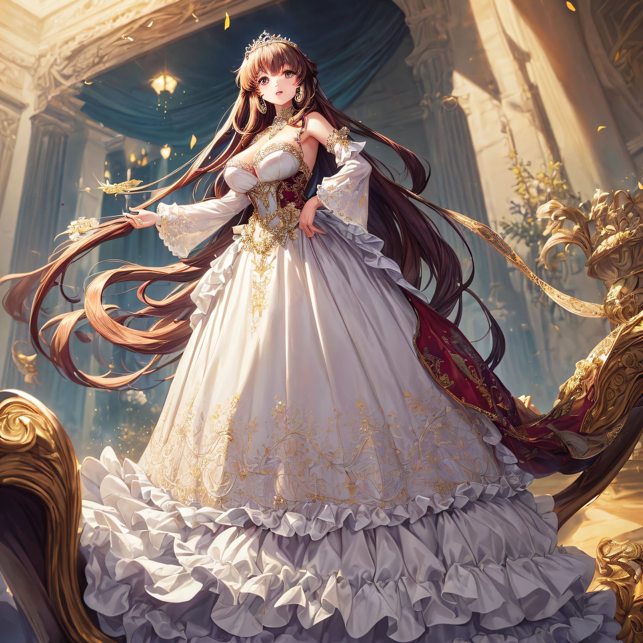 (masterpiece, best quality,extremely detailed:1.1),(moe anime art style:1.2),1girl,full body, ((solo)), cute, kawaii,digital art,((1 bling-bling anime princess wearing beautiful embroidery and jeweled ruffled gorgeous princess ballgown with voluminous full length hoop skirt)),((crinoline)),long train,voluminous frills,(gorgeous embroidery and beautiful lace),((very gigantic boobs,skindentation)),cleavage,(((shiny hair,very long straight hair))),((finely detailed face and eyes)),clear pupil,extremely gorgeousfull hair ornament,(bling-bling jeweled extremely gorgeousfull tiara),(bling-bling gorgeous gemstone jewelry),long veil,(beautiful background,fantasy),flowers,flower petals flowing,full body,looking away,((beautiful embroidery and jeweled ruffled gorgeous princess ballgown with voluminous full length hoop skirt))