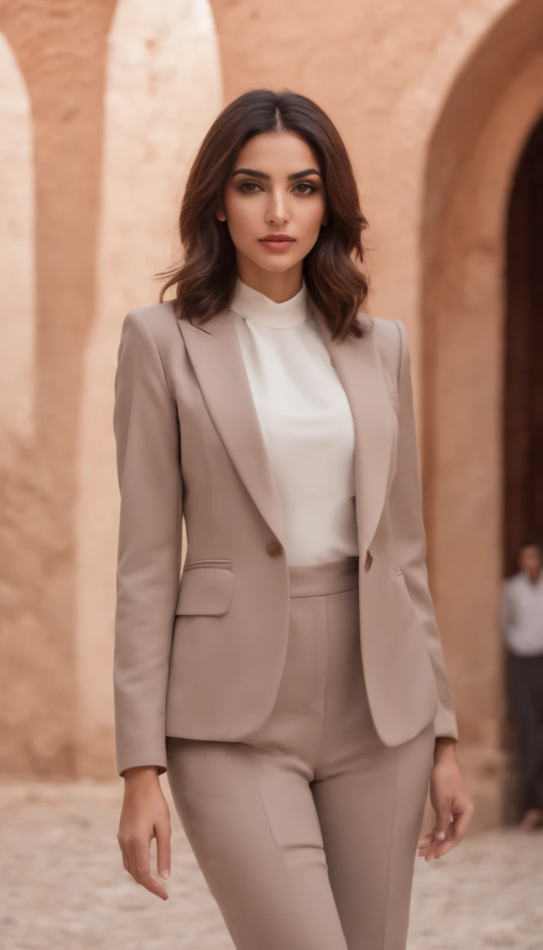 A beautiful Moroccan Arab women standing 1.3, elegant brunette bob haircut, wearing a tailored suit 1.2, tights, detailed face and eyes, perfect toned body, perfect thighs and legs,