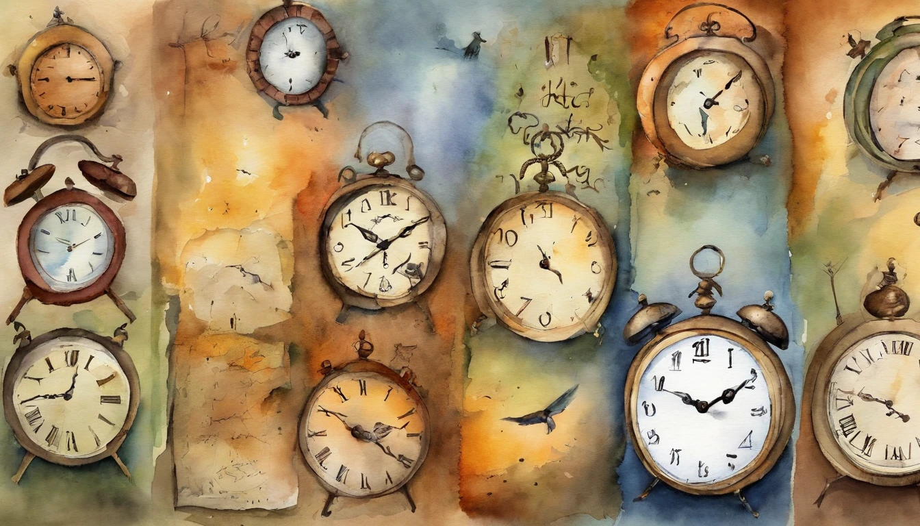 There are 10 clocks hanging on the wall, Round clock、Triangular clock、Vertically long clock、Watercolor touch,