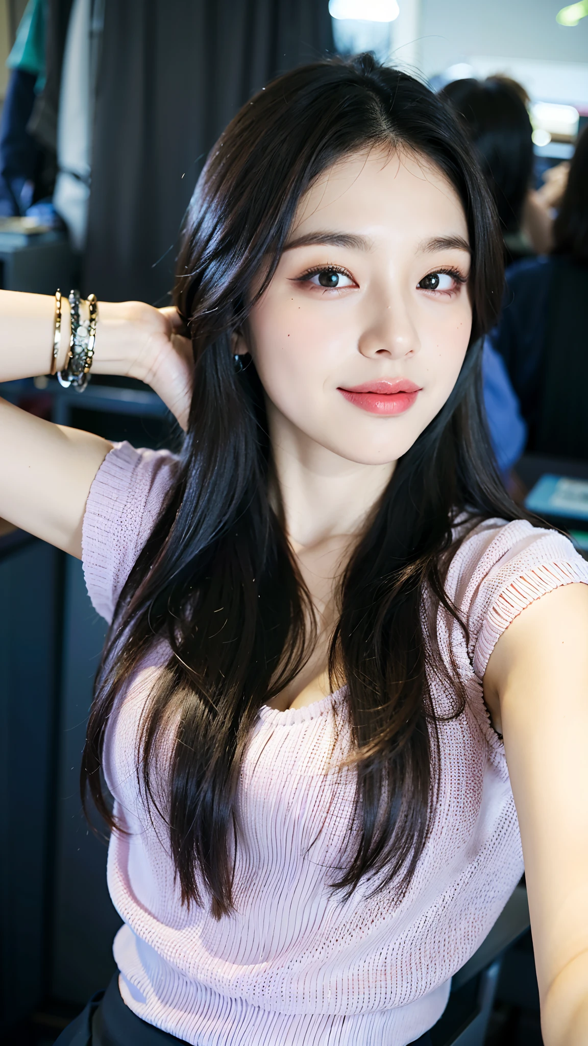 (((Medium hair))), best qualtiy, 8K, hdr, A high resolution, absurderes:1.2, blur backgroun, Background bokeh:1.2, photography of, (RAW photo:1.2), (真实感:1.4), (Masterpiece:1.3), (complexdetails:1.2), 1girll, 独奏, japanaese girl, delicated, Beautiful detailed, (Delicate double eyelids), (Detailed facial features), Bigboobs, (((Large breasts))), Skin Firm, (Looking_at_peeping at the viewer), From_Front, (being thin),(best qualtiy:1.4),(超A high resolution:1.2),cinematic lighitnglamplight,(Extremely detailed illustration),(Gloss on lips,best qualtiy,超A high resolution,depth of fields,Caustics,Extensive illumination,naturalshadow,85mm, f/1.4, iso 200, 1/160s:0.75),1girll, Solo, (((Silk vest))) Smile, ((silk garment,pleatedskirt,Classroom))
