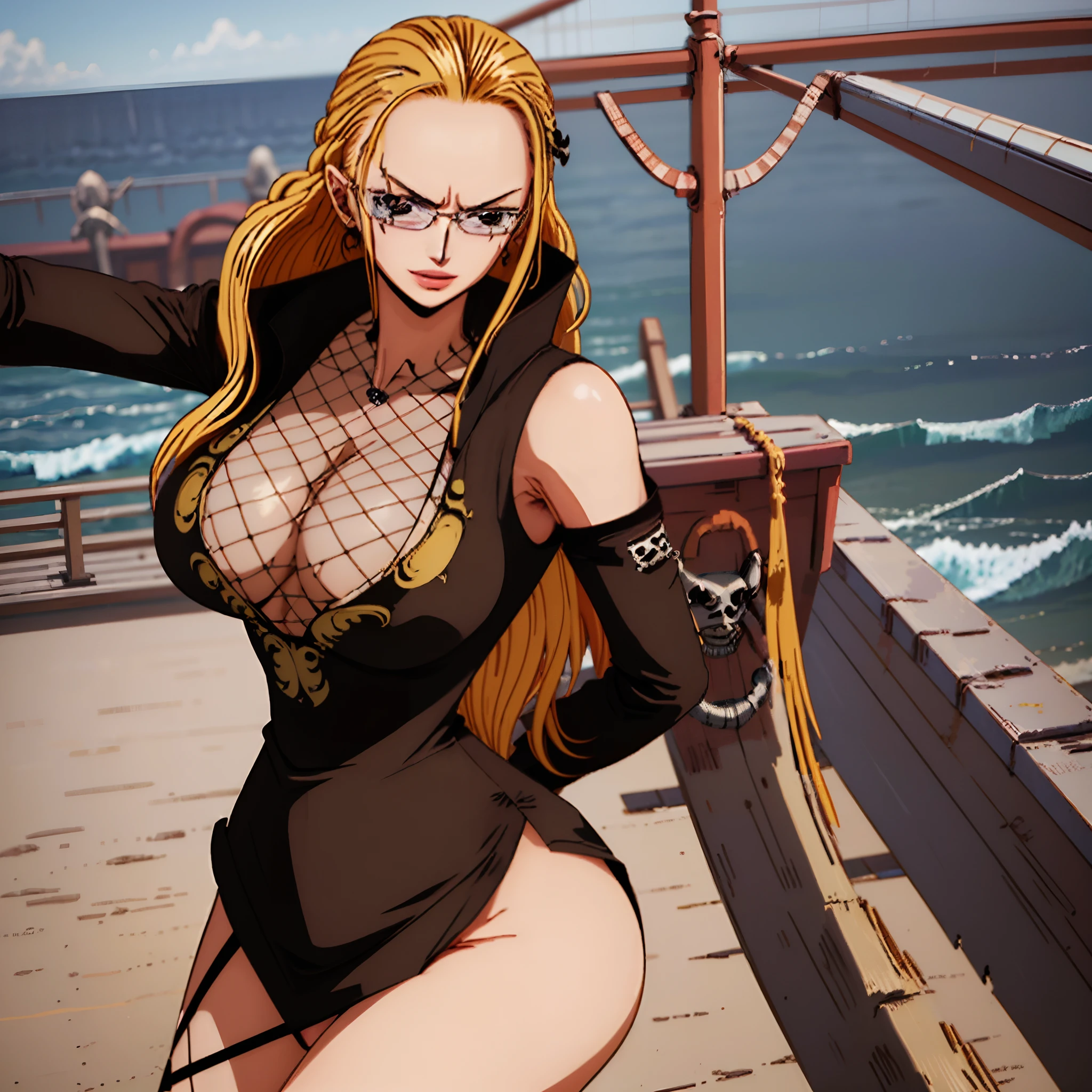 Stil: Entsetzen,"Entsetzen-Stil {prompt} . dunkel, Kalifa from One Piece, big boobs, (arms behind back:1.4), Kopf zur Seite geneigt, Mean smile, ocean, (pirate ship:1.4) in background, golden hour, sunset