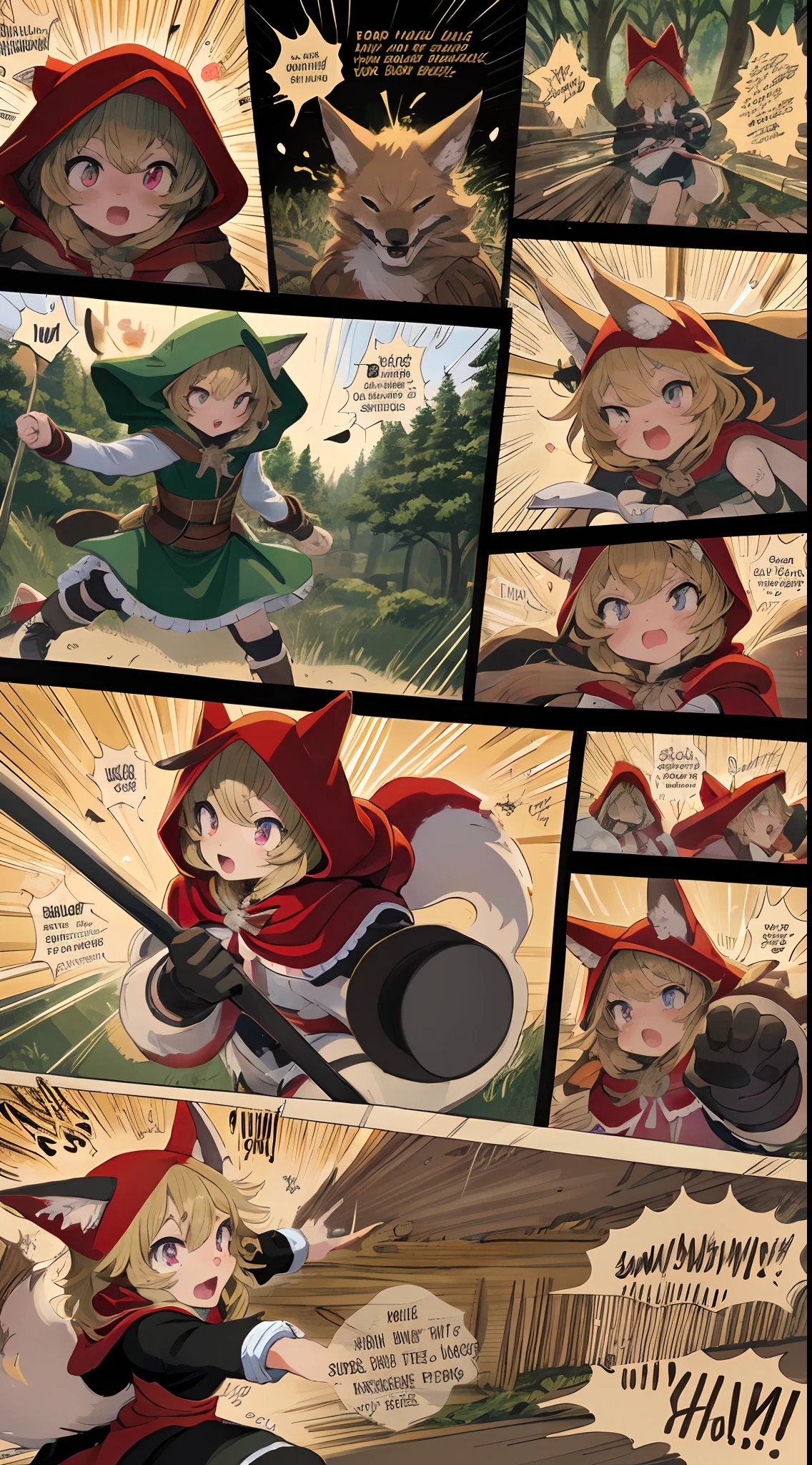 highres, top quality, best quality, paid reward available, High-quality illustrations, unparalleled masterpiece, perfect artwork, absurdres, super high resolution, detailed background, forest(battle of super cure child 1girl and 1werewolf)girl, Little Red Riding Hood, fighting(highly detailed beautiful face and eyes)perfect anatomy, assorted poses, assorted facial expression, good lighting, cinematic shadow, embarrassed, open mouth, jouful, happy(emotions, manga to represent actions, motion blur, motion line)(((battle comic, Bold cartoon-like panel layouts, speech balloon, english text, Hand-drawn sound effects stickers used in battle comic))),