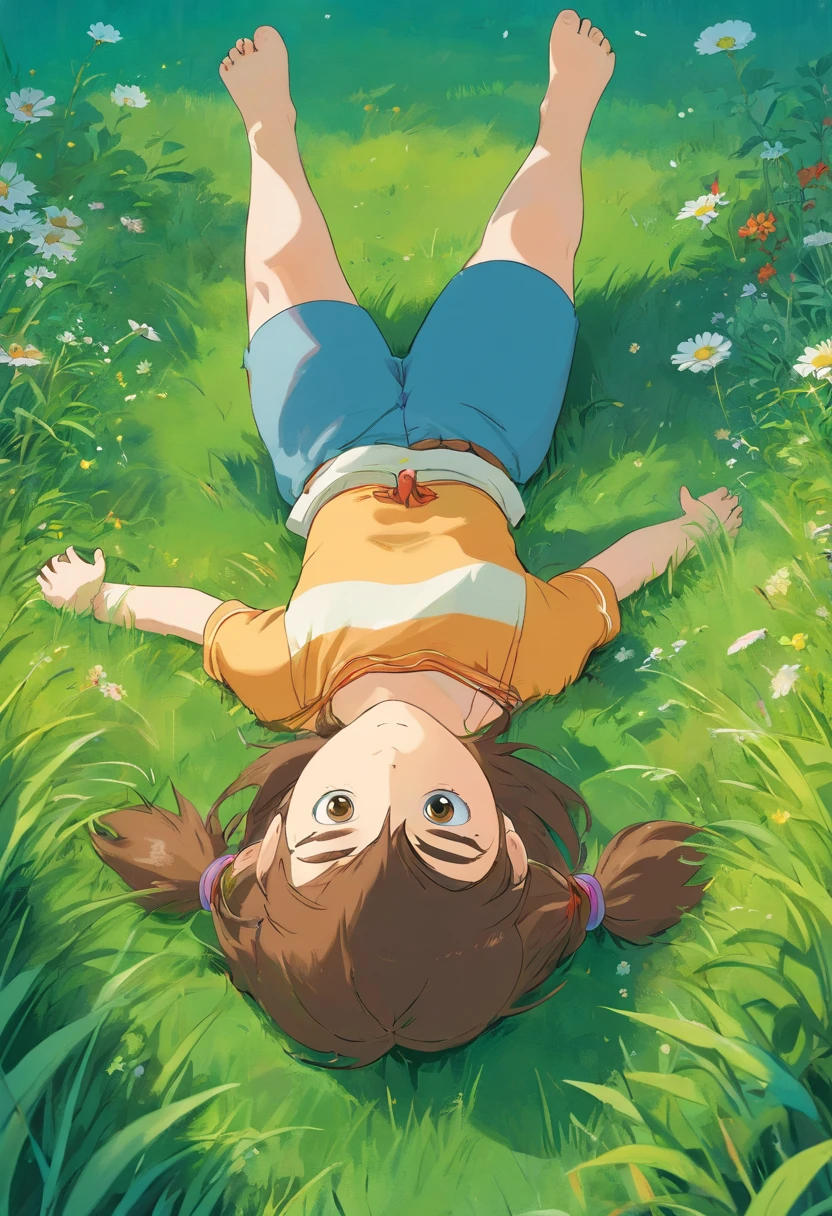 A girl looking at the sky laying down in the grass, without showing face