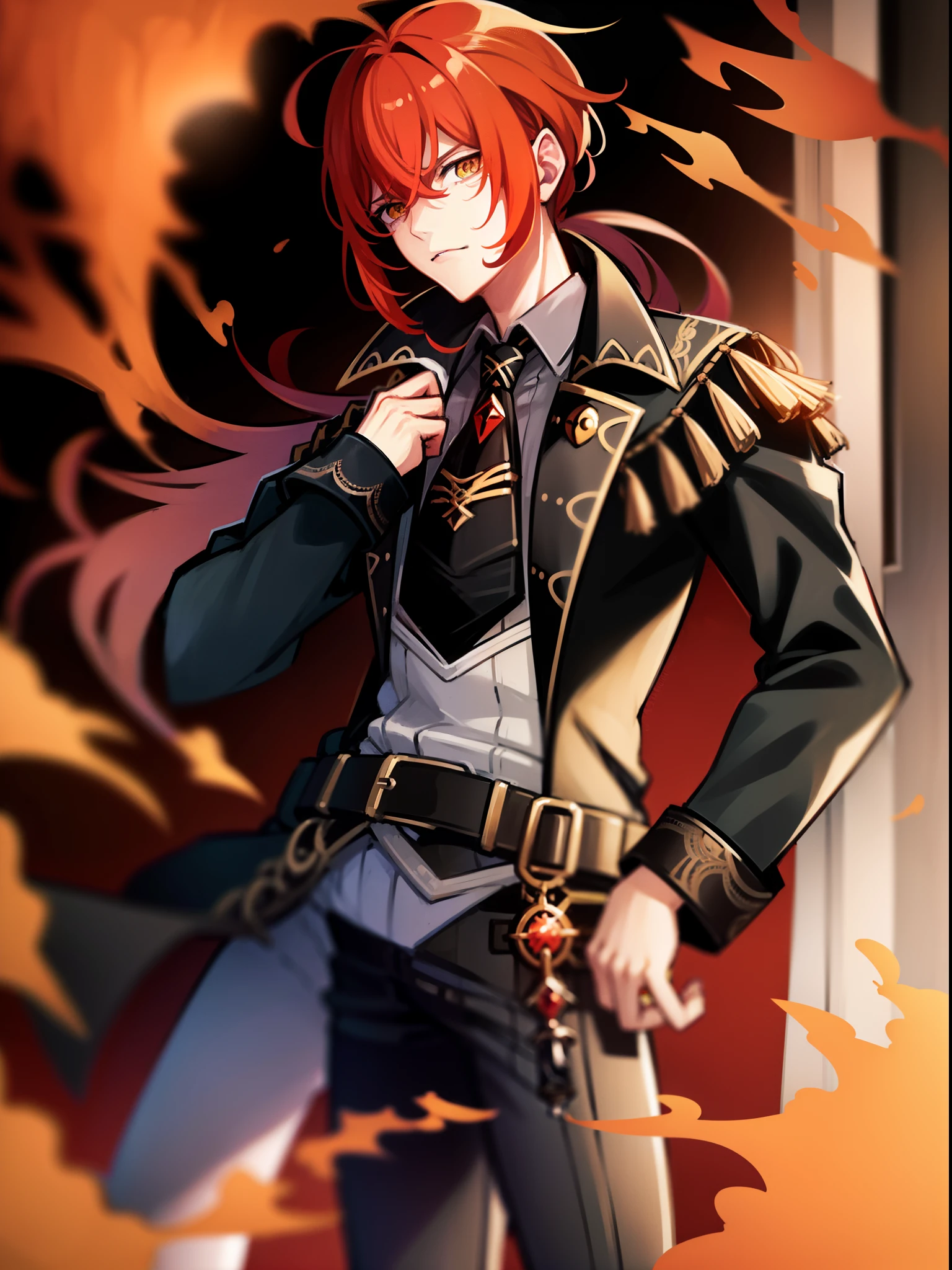 anime, male, 1 person, genshin impact style, Diluc from Genshin Impact, red hair, black coat, Disgruntled face