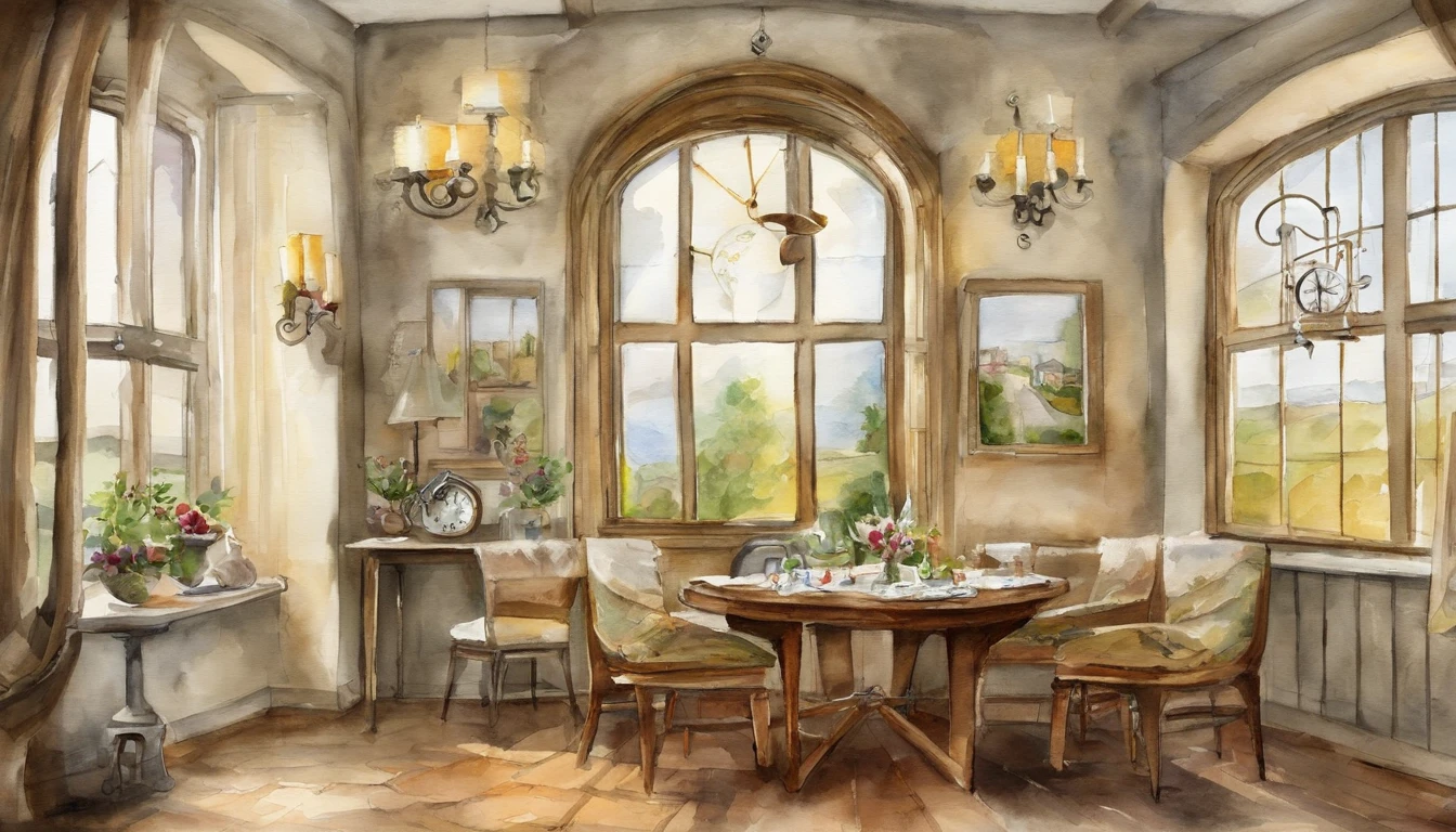 There are 10 clocks hanging on the wall, Round clock、Triangular clock、Vertically long clock、Watercolor touch,