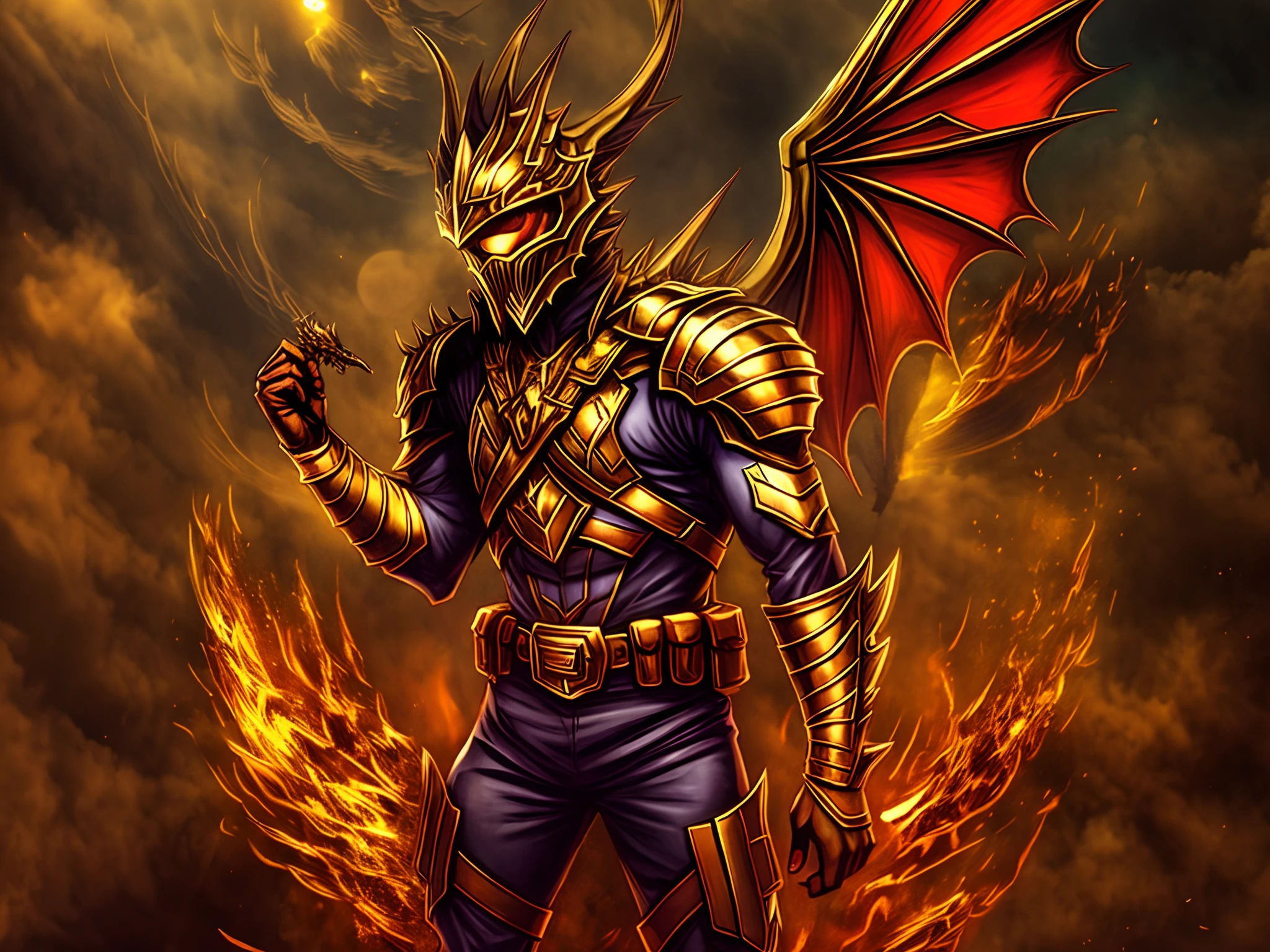 ha um homem jovem ,com um chapeu grande caminhando , vestindo uma armadura, appearance of 20 years ,carrying on his back large and beautiful dragon wings