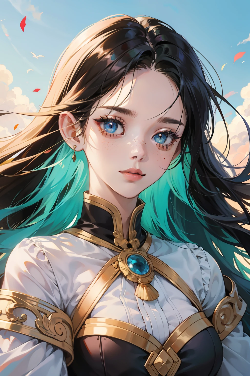 Masterpiece, Best quality, {Best quality}, {{Masterpiece}}, {A high resolution}, Focus, Anime style, Cartoon close-up of a woman, Girl design, Portrait, Gisha, Anime image, Long hair, Black hair, Straight eyes, hair covering ears, Polished and powerful appearance, Exotic, Tall, freckle, cheerful big breasts, Romantic costumes, Colorful, colours