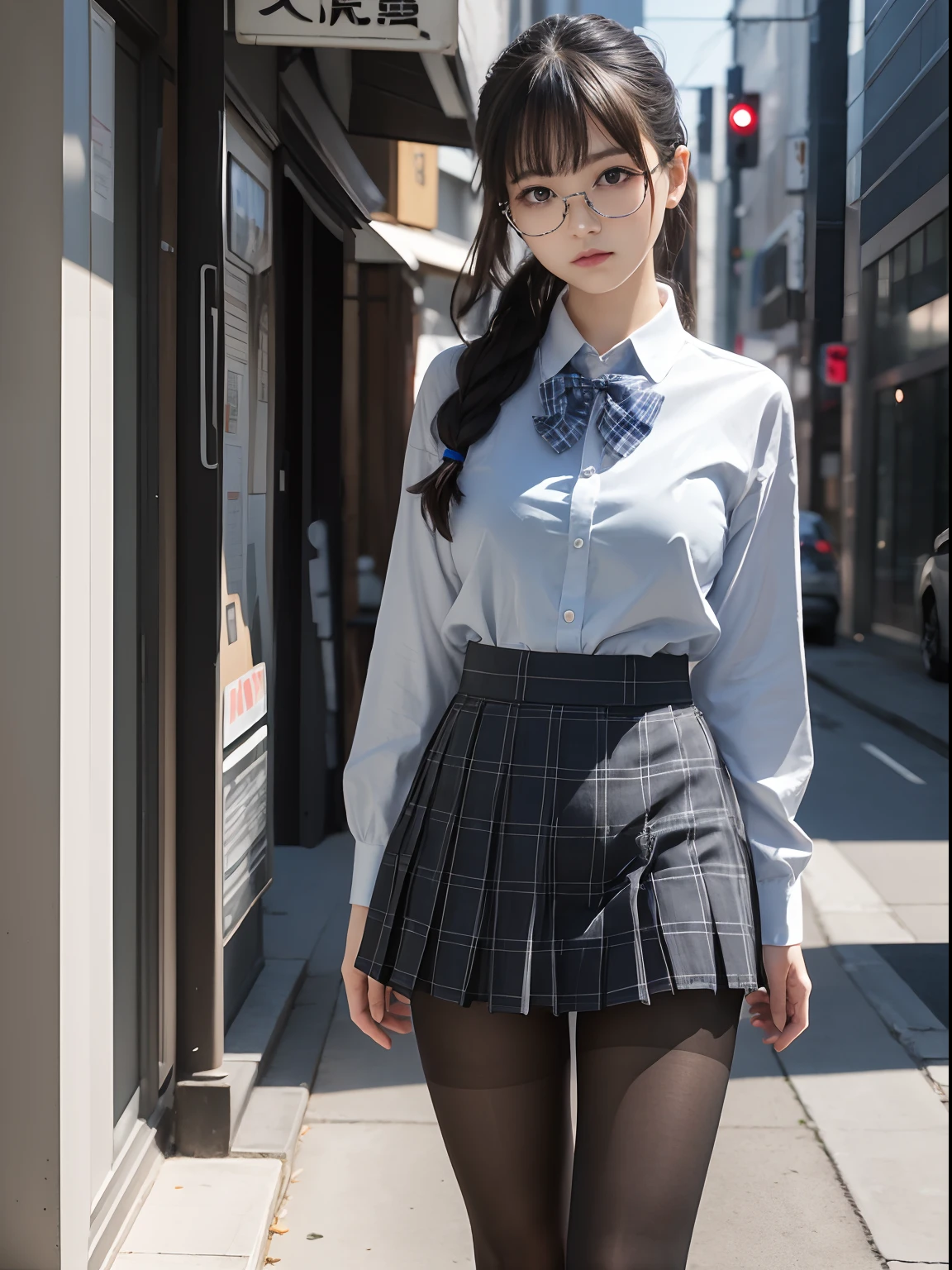(Long ponytail),(Open the crotch fully open,Open the legs in an M-shape),(Bra shows through and are visible),（8K、Raw photography、top-quality、​masterpiece：1.2),Blue Panties,pigeon chest,glamor,Chromo-white skin,cocky,School,watching at viewers,Looking at the front,Muchimuchi,High-pitched clothing,Erotic,Pupils,de pele branca,kne,absurderes,a small face,,Forehead visible,Bangs hanging from the left and right sides of the forehead,(a cold expression,Tight eyes,glares,Bullish,irate)、​masterpiece,top-quality、超A high resolution,Raw photo,ren,Beautiful fece,One Person, 独奏,eye glass,,Dark look,Small breasts,fullllbody,Round glasses,JK school uniform,hi-school girl,A Japanese Lady,（Photorealsitic：1.37）、Photon mapping,Realistic、Beautie,Cute little face,Brown-eyed、Black socks、(Red bow tie)、Radio City、Physically Based Rendering、depth of fields、Blurry background、a picture,Body,beauty legs, Long legs, Thin leg,(Bangs are visible), hair, s lips, Blue_The eye, nosesoft,(Light blue shirt), (Navy and blue and white plaid pleated skirt), Knees are visible,Sheer clothing,, Thigh, Black cotton socks,Nogizaka Idol, 女優, Japanese ido