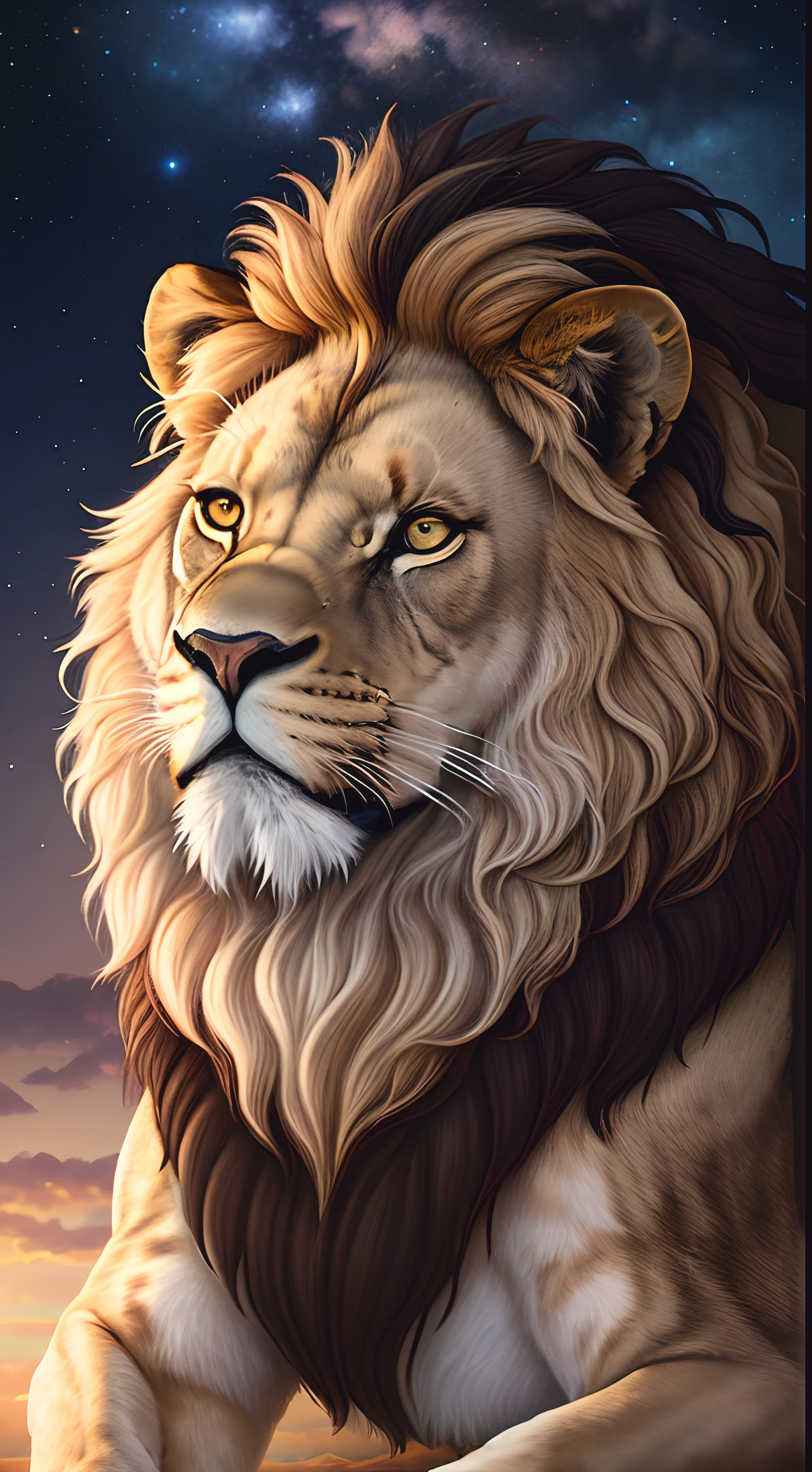 Realistic lion lion with the universe behind the background