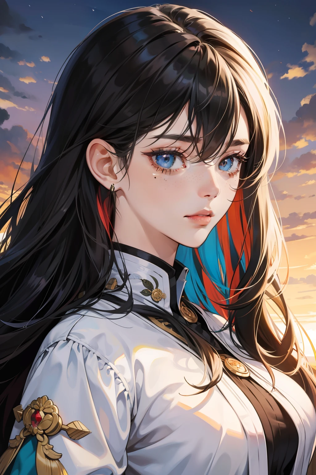 Masterpiece, Best quality, {Best quality}, {{Masterpiece}}, {A high resolution}, Focus, Anime style, Cartoon close-up of a woman, Girl design, Portrait, Gisha, Anime image, Long hair, Black hair, Straight eyes, hair covering ears, Polished and powerful appearance, Exotic, Tall, freckle, cheerful big breasts, Romantic costumes, Colorful, colours