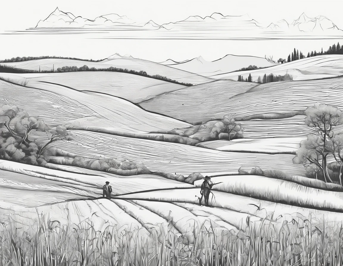・ a rice field with people working, plano aberto, Albrecht Dürer style, Make the most of the edges of the screen to place cyberpunk and other items reminiscent of a technical college。Make each line clear so it's easy to clean later
・ The color is in black and white grayscale、Em estilo cartunesco para esclarecer as falas