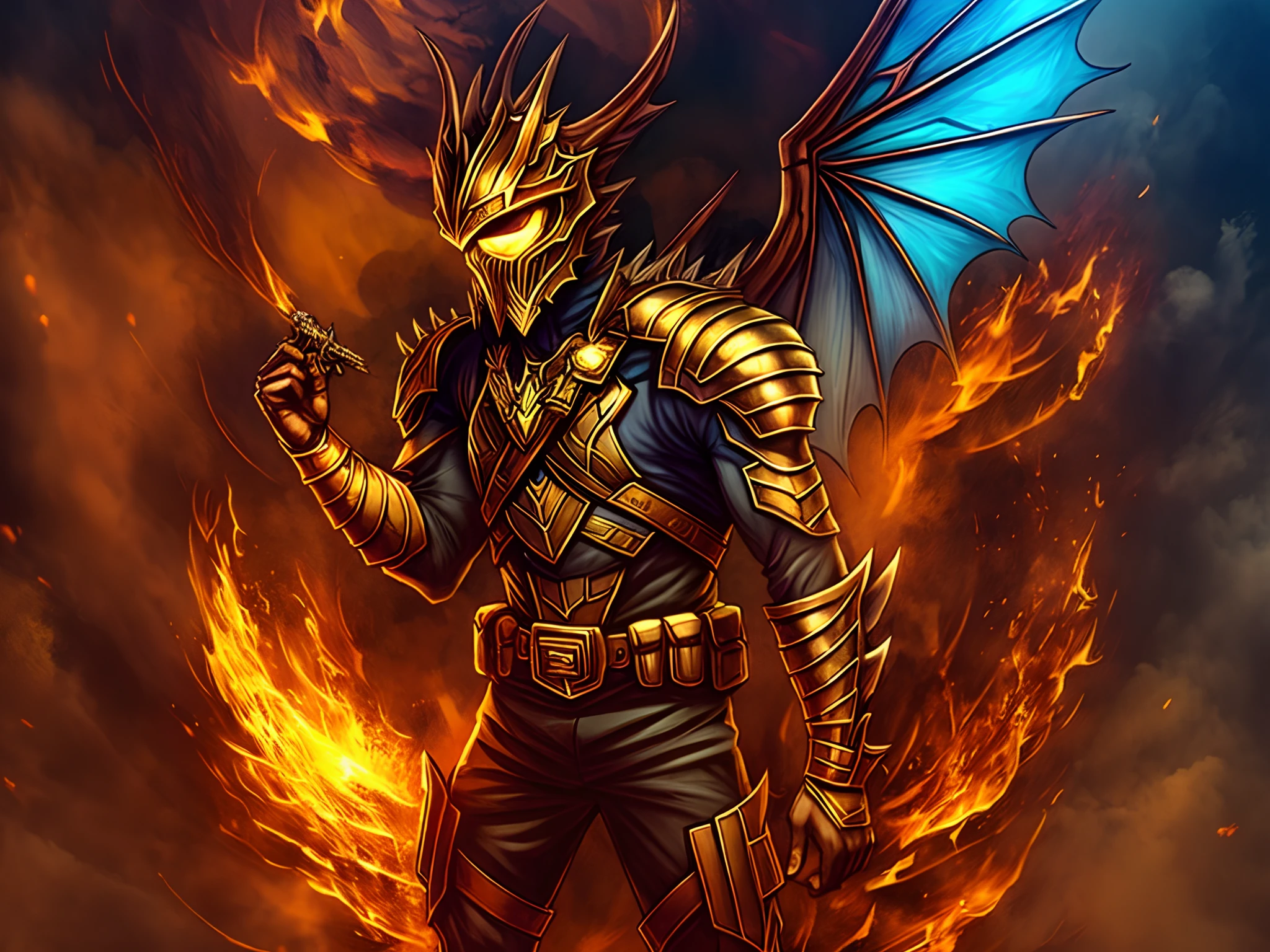 ha um homem jovem ,com um chapeu grande caminhando , vestindo uma armadura, appearance of 20 years ,carrying on his back large and beautiful dragon wings