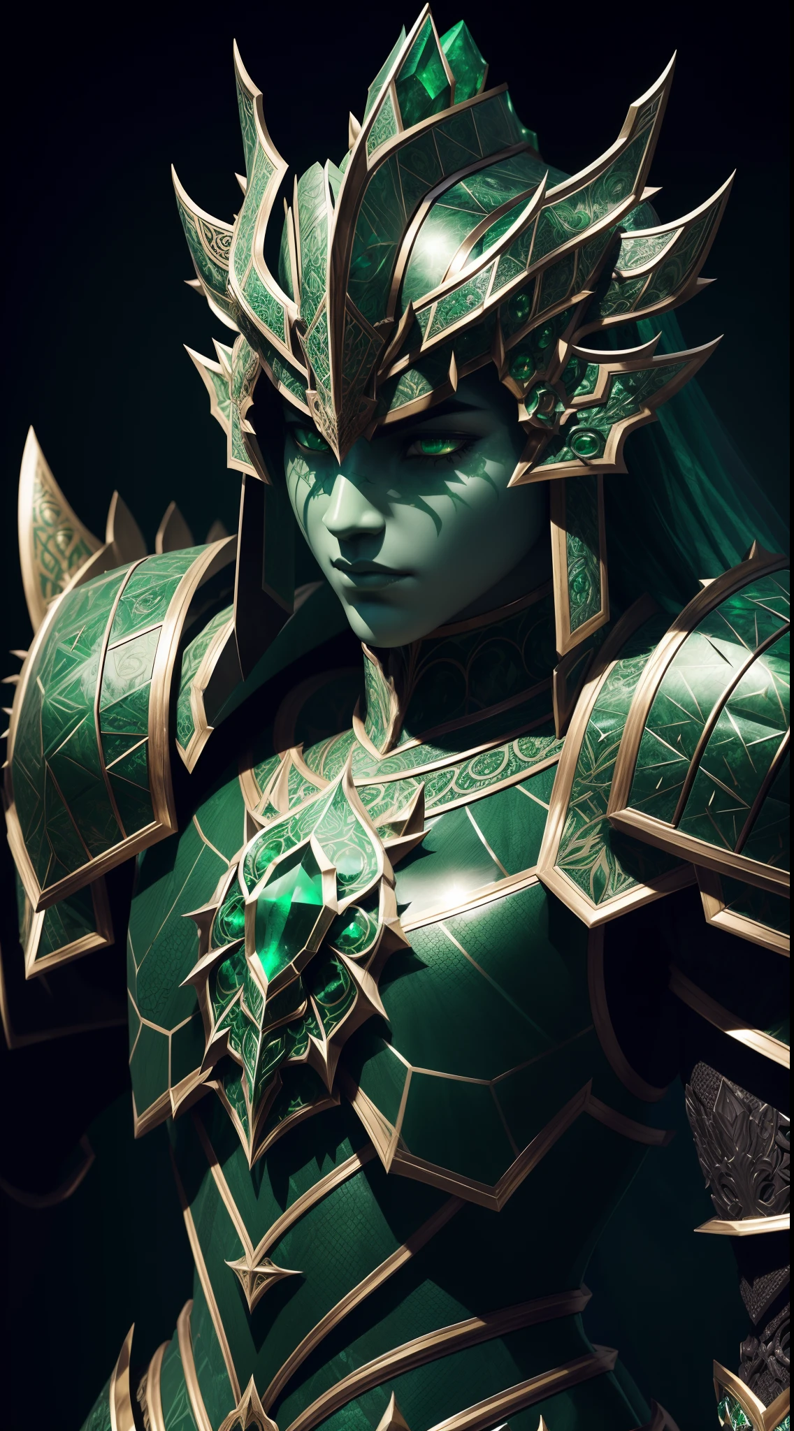 arafed head of a creature with a large, emerald face, ornate dark emerald armor covered in thorns, intricate armor details, detailed armor, detailed intricate ornate armour, intricate ornate armor, detailed emerald fantasy armor, intricate etched armor, intricate emerald armor, intricate armor, highly detailed armor, emerald daedric armor, plated armor intricate, filigree armour, intricate detailed armour