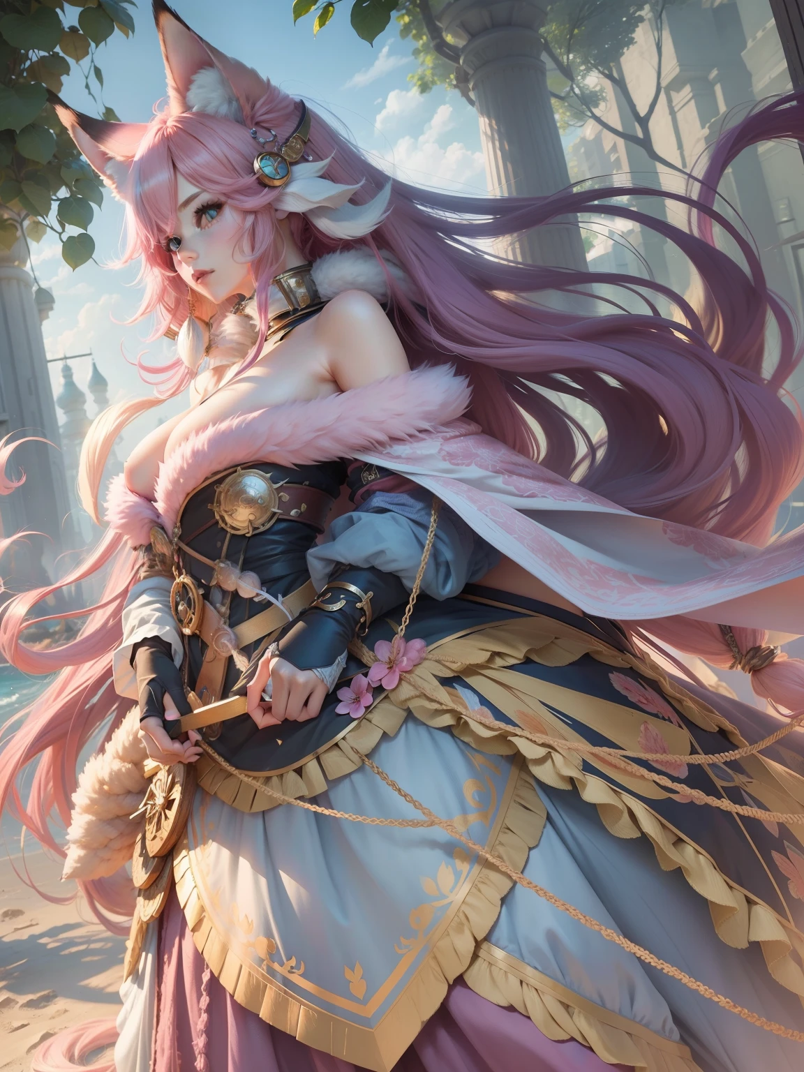 high-level image quality8killustratio,Hair is pink,Fox ears on the head