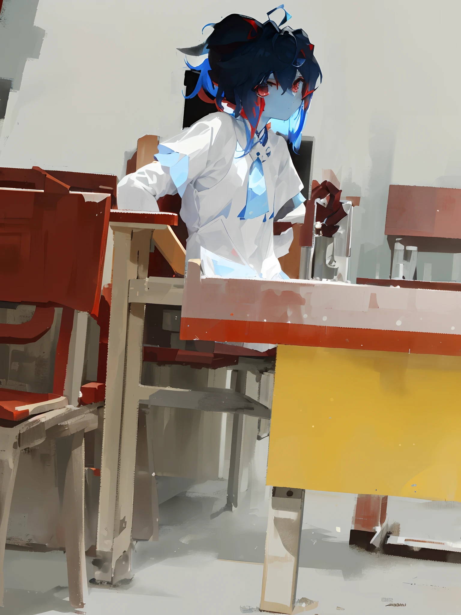 ((tmasterpiece,4k wallpaper,best qualtiy))ganyudef, Be red in the face, In the daytime, simple backgound, blue-sky, short detailed hair, Moody light,light blue hair,light particules,Blue Themes,Busty body,face expressionless,Brilliant,smooth thigh